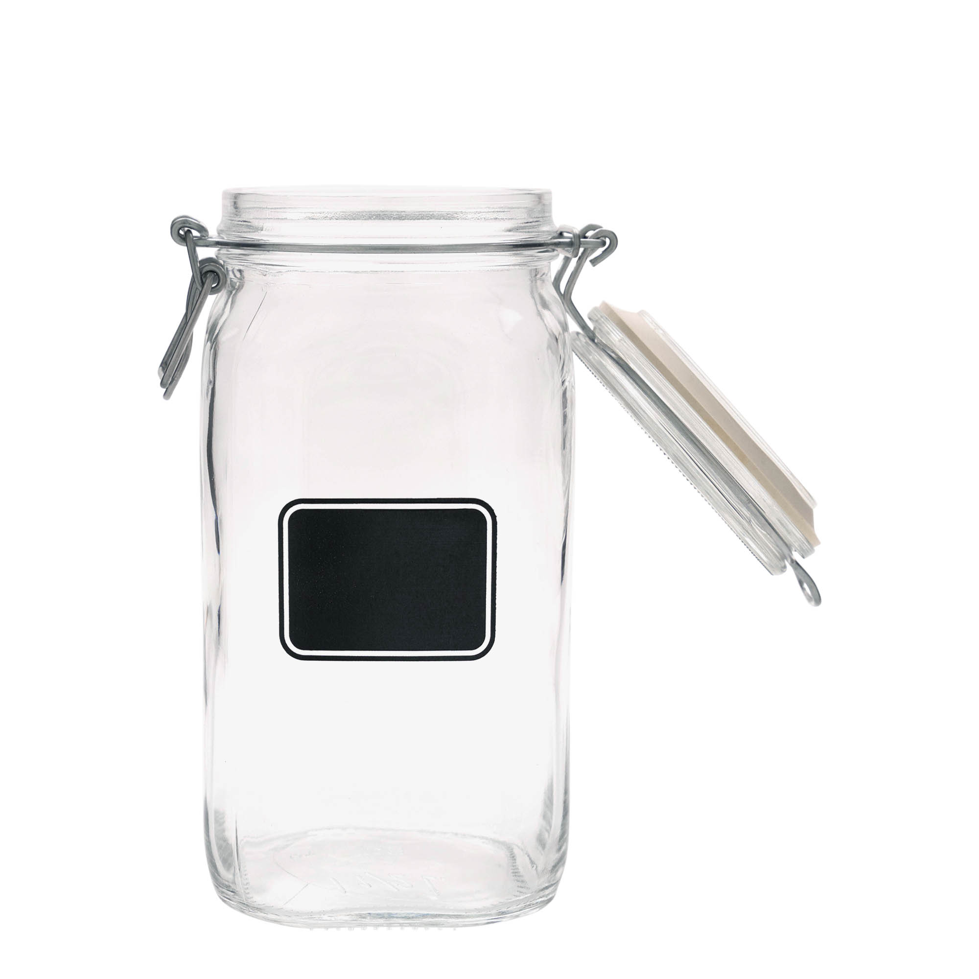 1.500 ml Drahtbügelglas 'Fido', Motiv: Etikettenfeld, quadratisch, Mündung: Drahtbügelverschluss 1.500 ml Drahtbügelglas 'Fido', Motiv: Etikettenfeld, quadratisch, Mündung: Drahtbügelverschluss