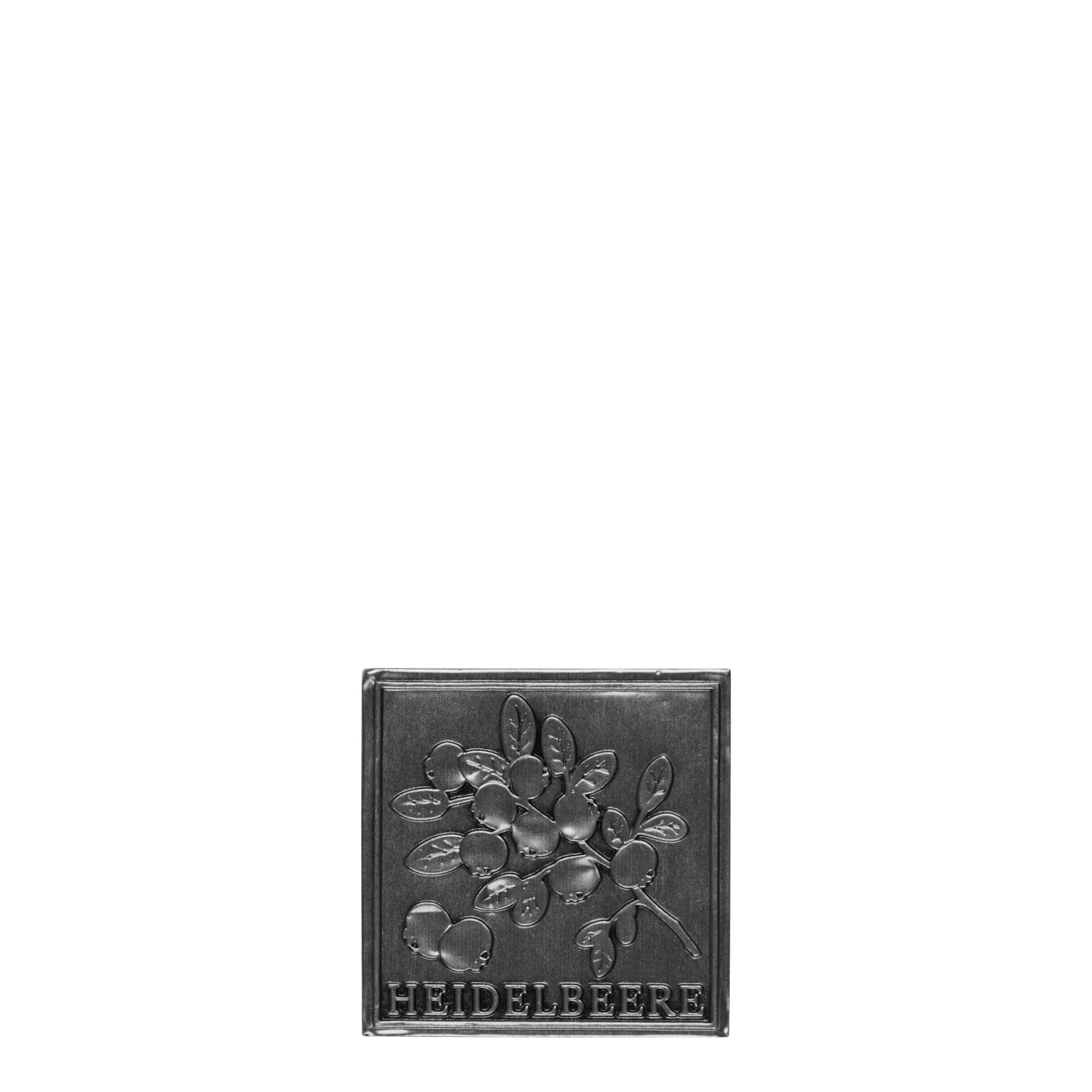 Zinnetikett «Heidelbeere», quadratisch, Metall, silber