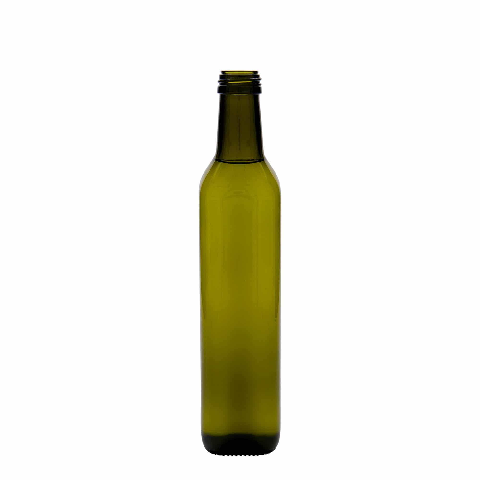 500 ml Glasflasche 'Marasca', quadratisch, antikgrün, Mündung: PP 31,5 500 ml Glasflasche 'Marasca', quadratisch, antikgrün, Mündung: PP 31,5