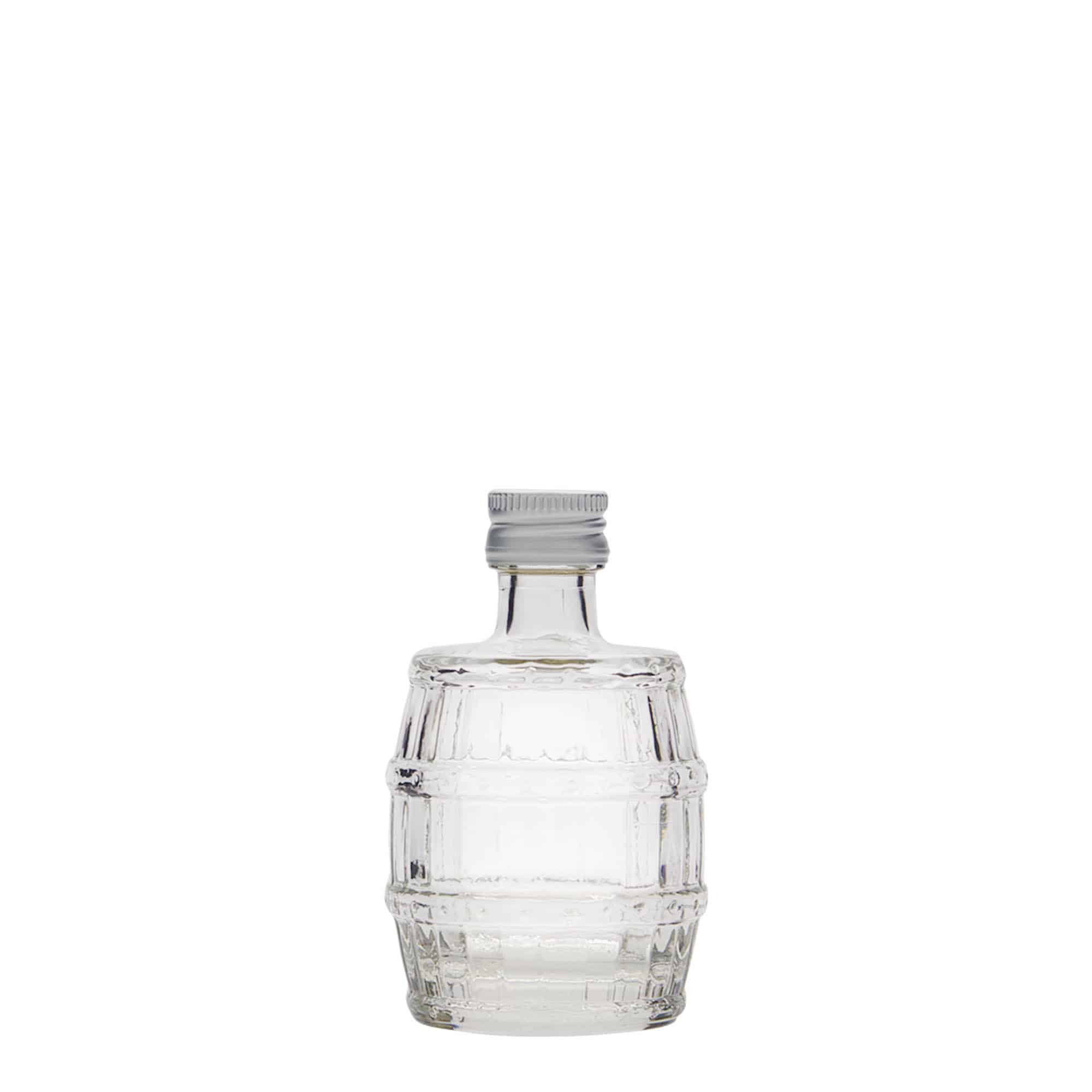 50 ml Glasflasche «Fass», Mündung: PP 18