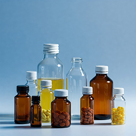 Pharmaflaschen Stimmungsbild: Braune und transparente Flaschen gefüllt mit pharmazeutischen Produkten