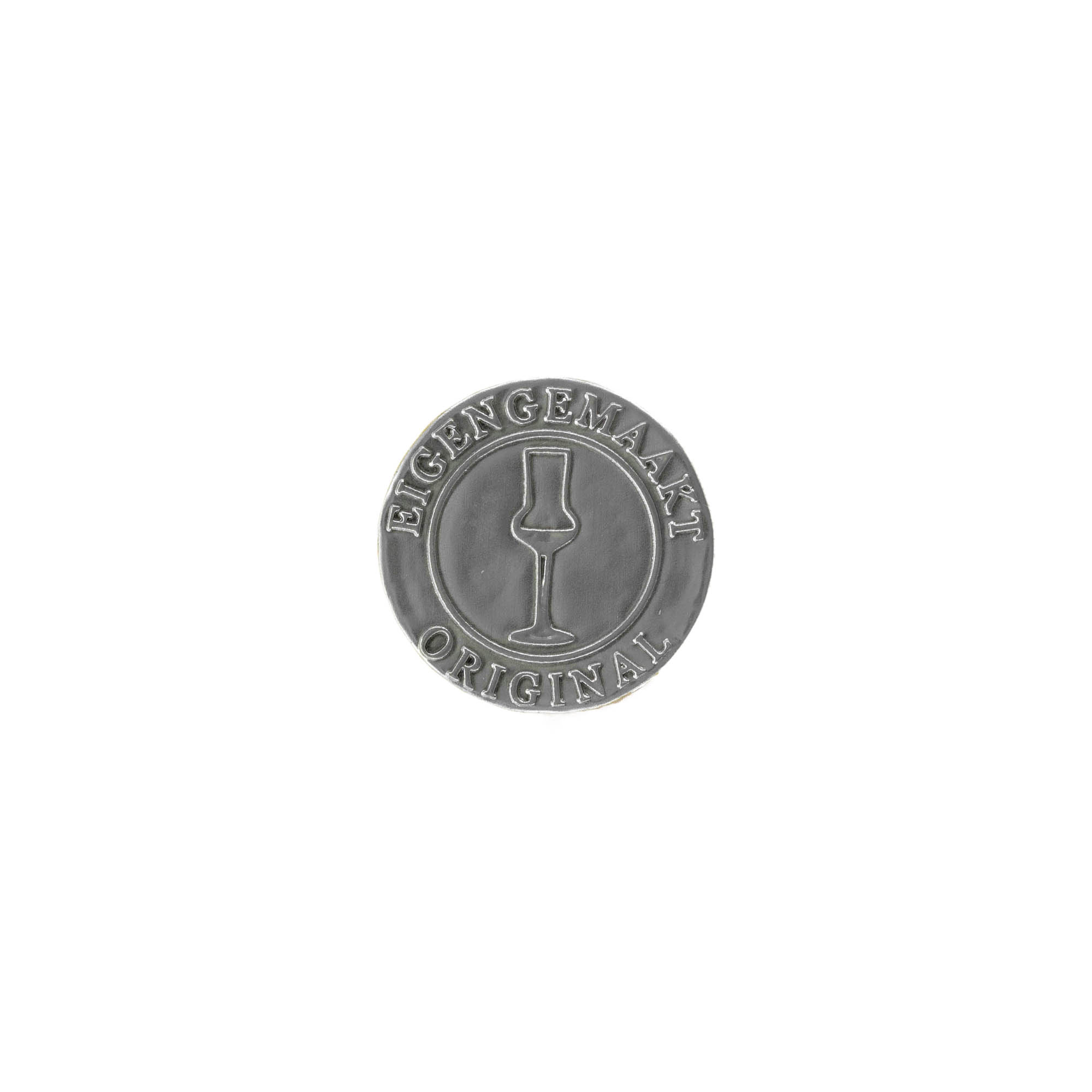 Zinnetikett «Eigengemaakt», rund, Metall, silber