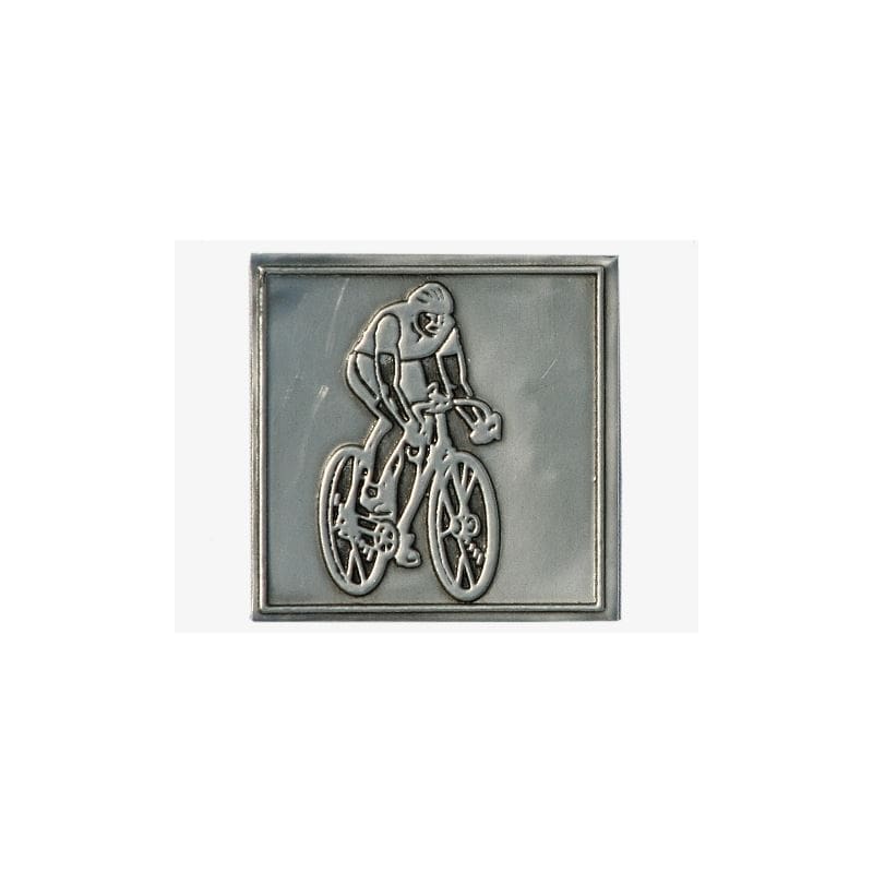 Zinnetikett «Fahrradfahrer», quadratisch, Metall, silber