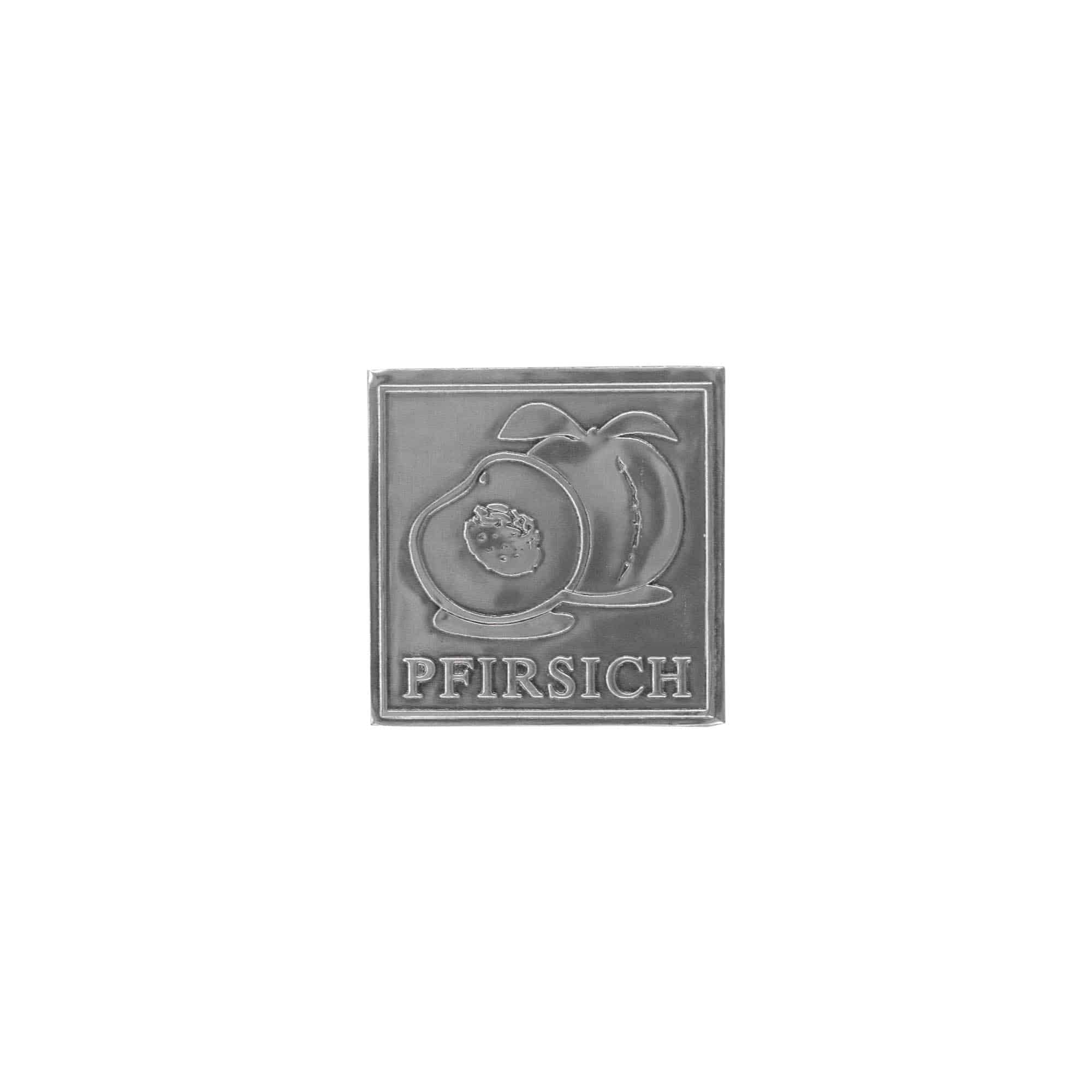 Zinnetikett «Pfirsich», quadratisch, Metall, silber