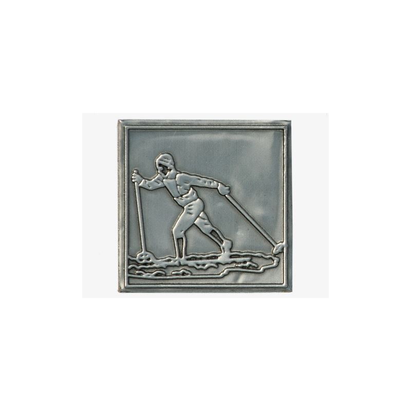 Zinnetikett «Skilangläufer», quadratisch, Metall, silber
