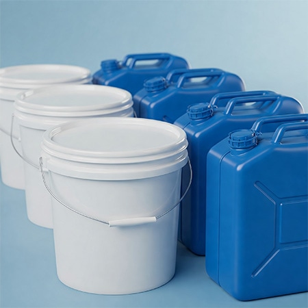 Weisse Eimer und blaue Kanister Stimmungsbild: Weisse Eimer und blaue Kanister für Chemikalien