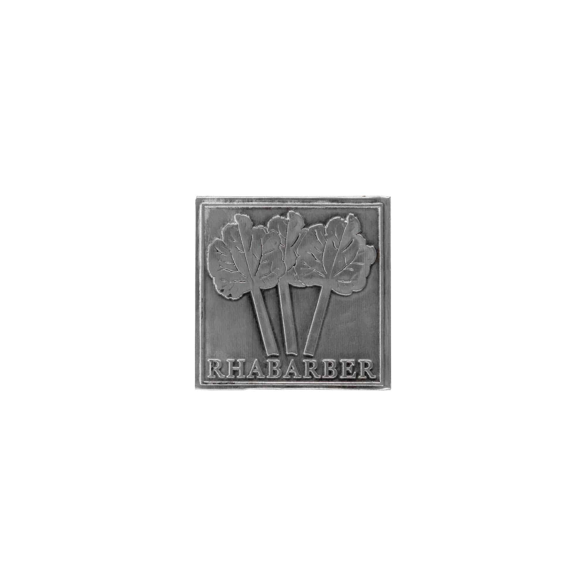 Zinnetikett 'Rhabarber', quadratisch, Metall, silber