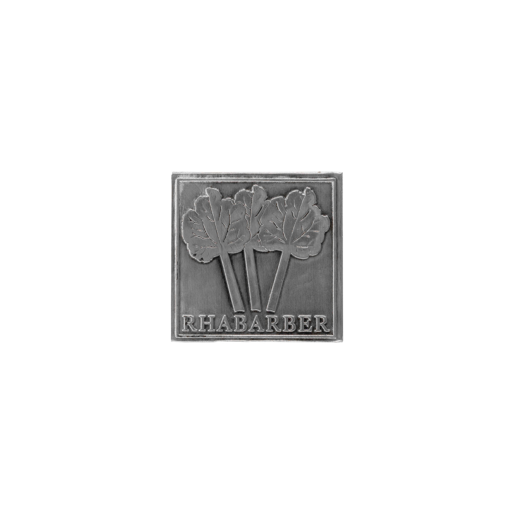 Zinnetikett «Rhabarber», quadratisch, Metall, silber