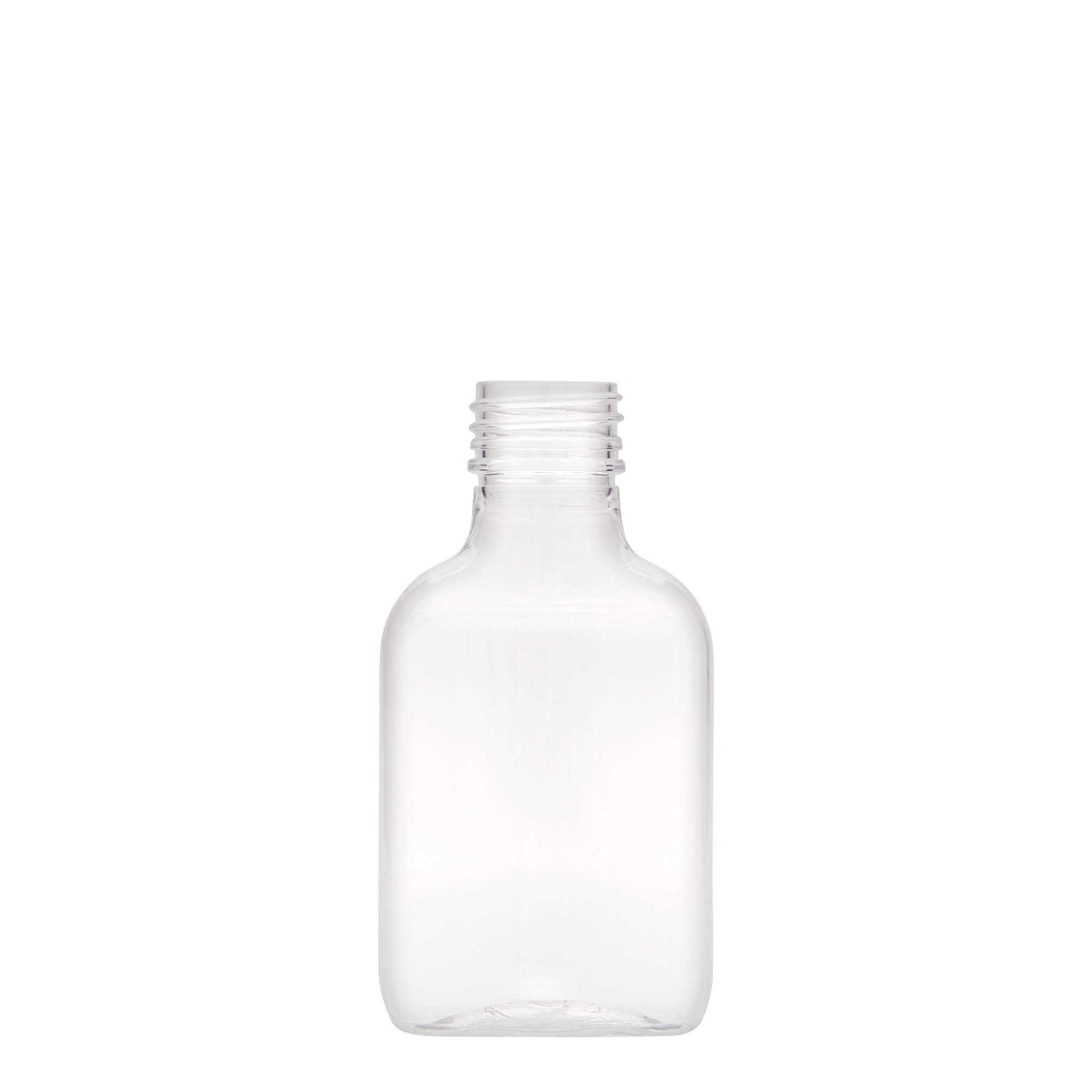 100 ml Taschenflasche, oval, PET-Kunststoff, Mündung: PP 28 100 ml Taschenflasche, oval, PET-Kunststoff, Mündung: PP 28