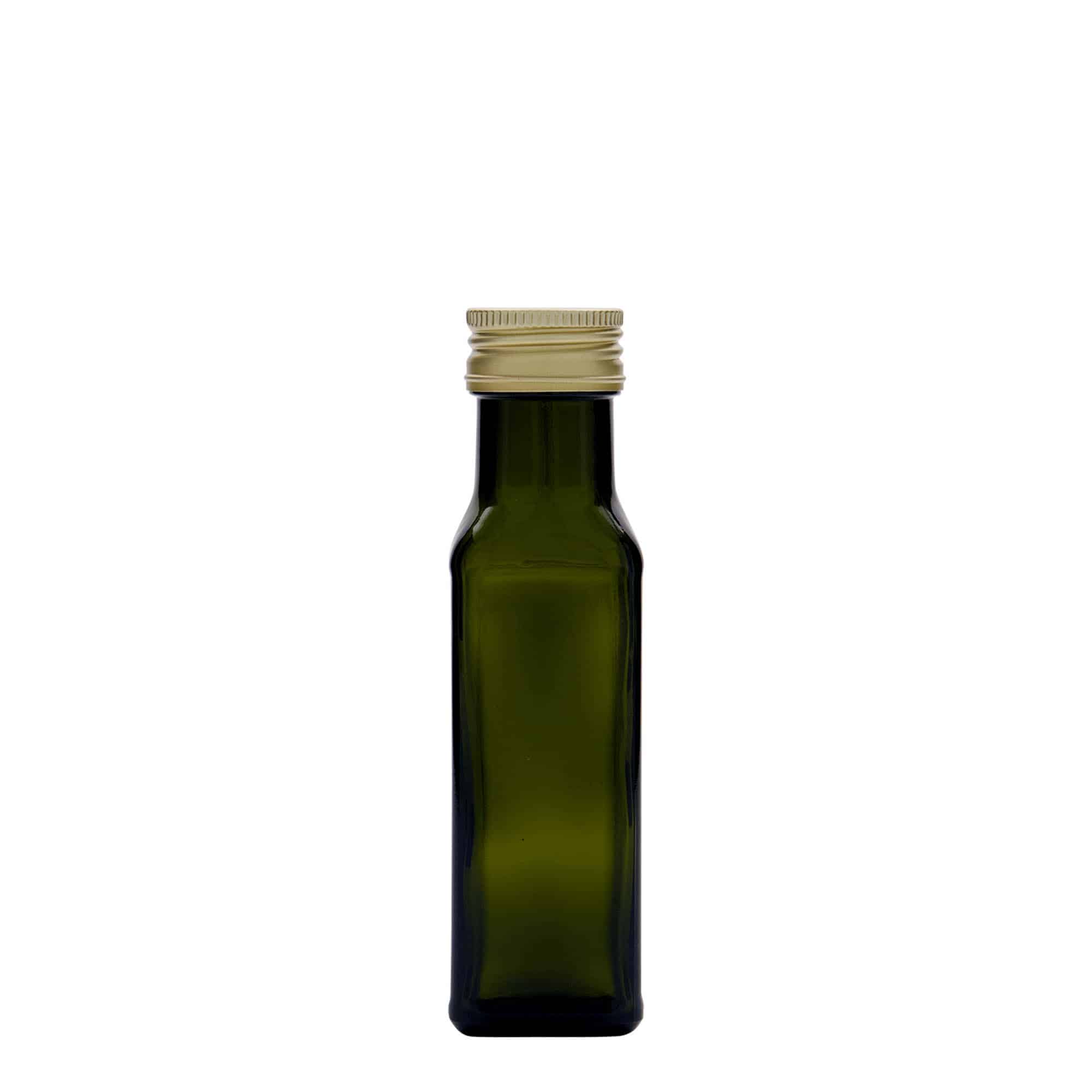 100 ml Glasflasche 'Marasca', quadratisch, antikgrün, Mündung: PP 31,5