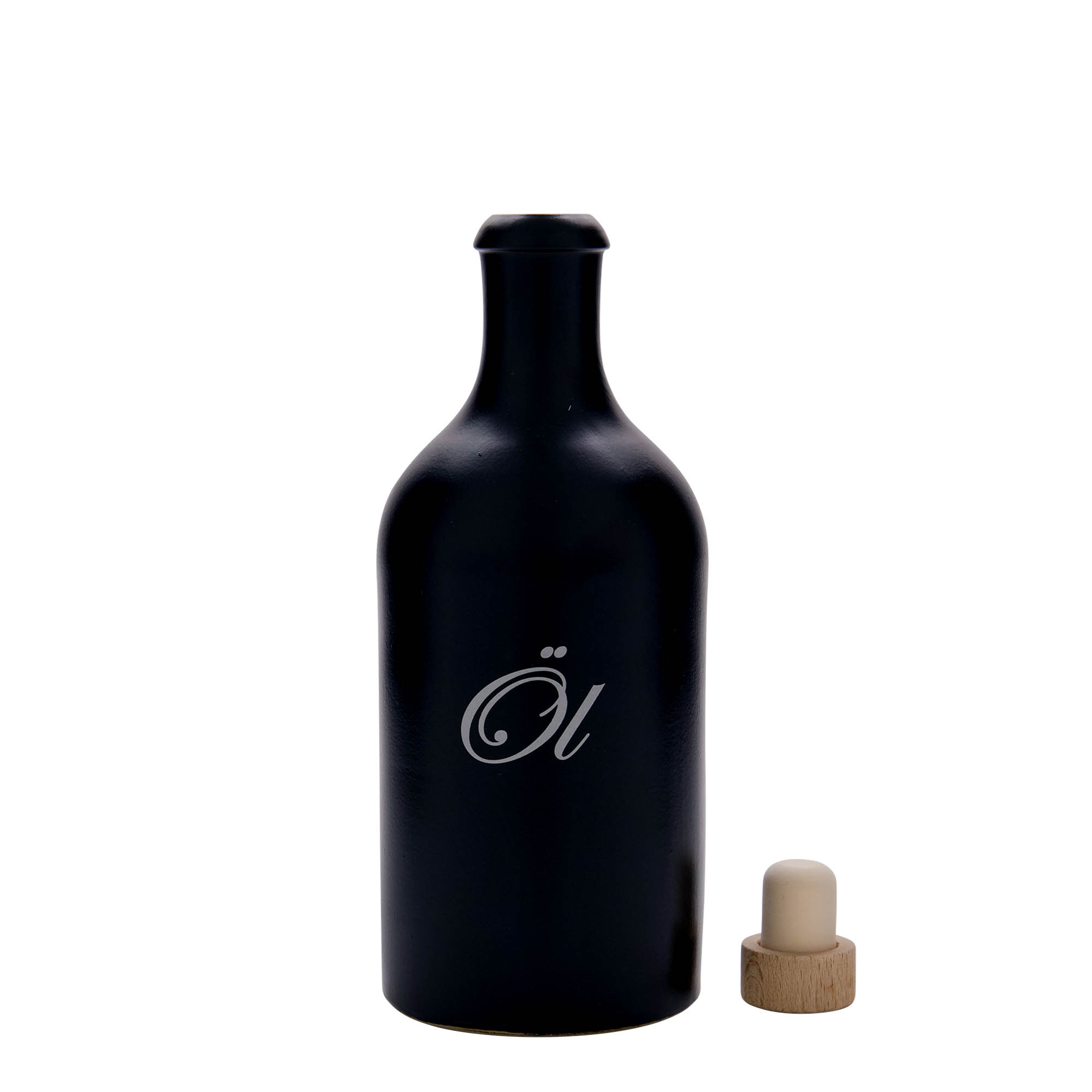 500 ml Tonkrug, Motiv: Öl, Steinzeug, schwarz, Mündung: Kork 500 ml Tonkrug, Motiv: Öl, Steinzeug, schwarz, Mündung: Kork