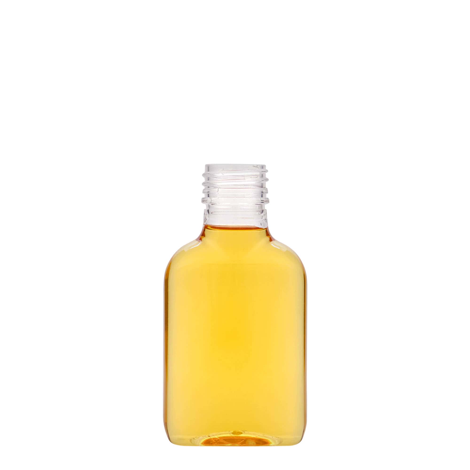 100 ml Taschenflasche, oval, PET-Kunststoff, Mündung: PP 28