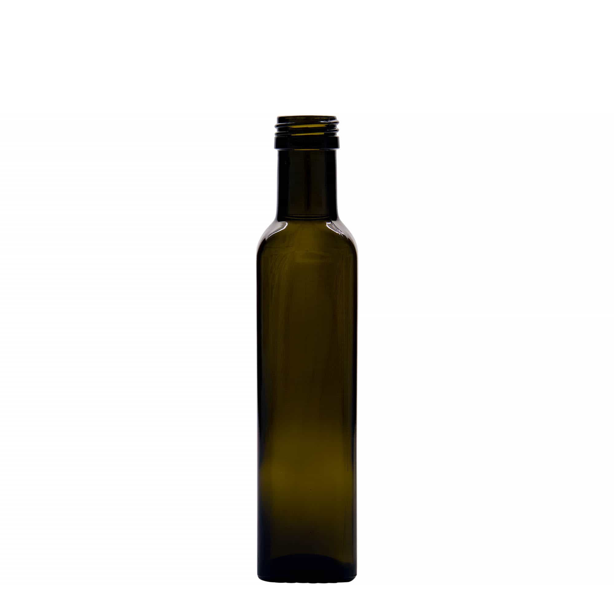 250 ml Glasflasche «Marasca», quadratisch, antikgrün, Mündung: PP 31,5 250 ml Glasflasche «Marasca», quadratisch, antikgrün, Mündung: PP 31,5