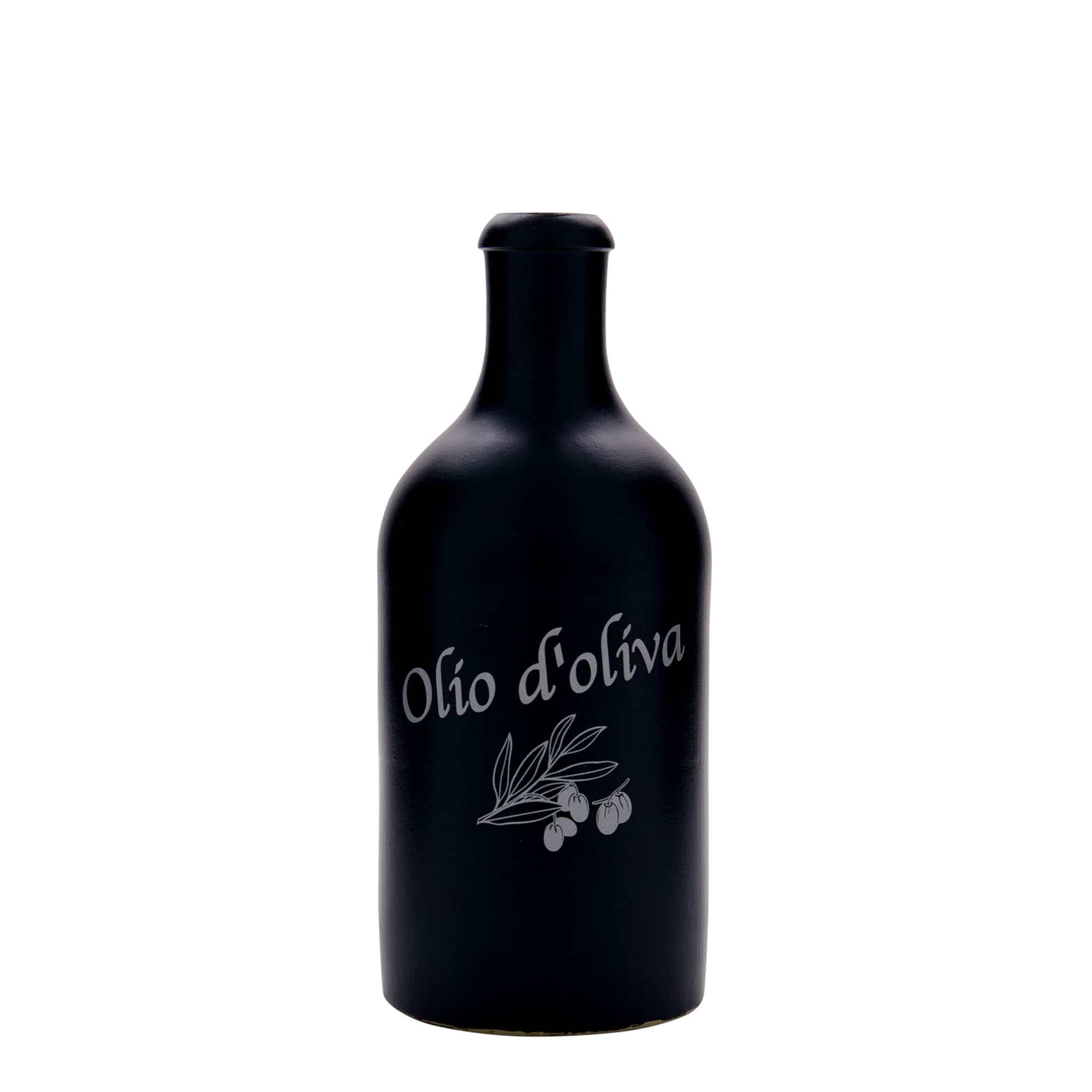 500 ml Tonkrug, Motiv: Olio d'Oliva, Steinzeug, schwarz, Mündung: Kork 500 ml Tonkrug, Motiv: Olio d'Oliva, Steinzeug, schwarz, Mündung: Kork