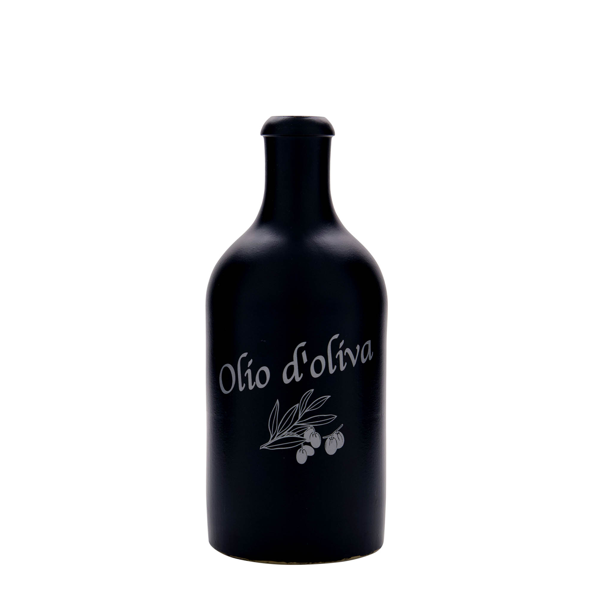 500 ml Tonkrug, Motiv: Olio d'Oliva, Steinzeug, schwarz, Mündung: Kork 500 ml Tonkrug, Motiv: Olio d'Oliva, Steinzeug, schwarz, Mündung: Kork
