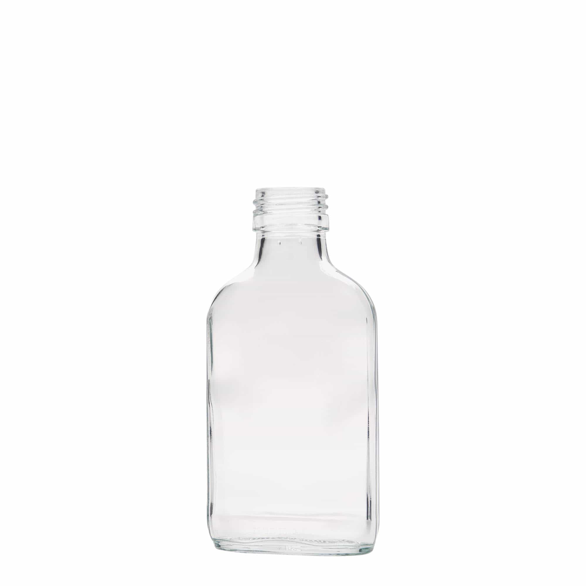 100 ml Taschenflasche, rechteckig, Glas, Mündung: PP 28 100 ml Taschenflasche, rechteckig, Glas, Mündung: PP 28