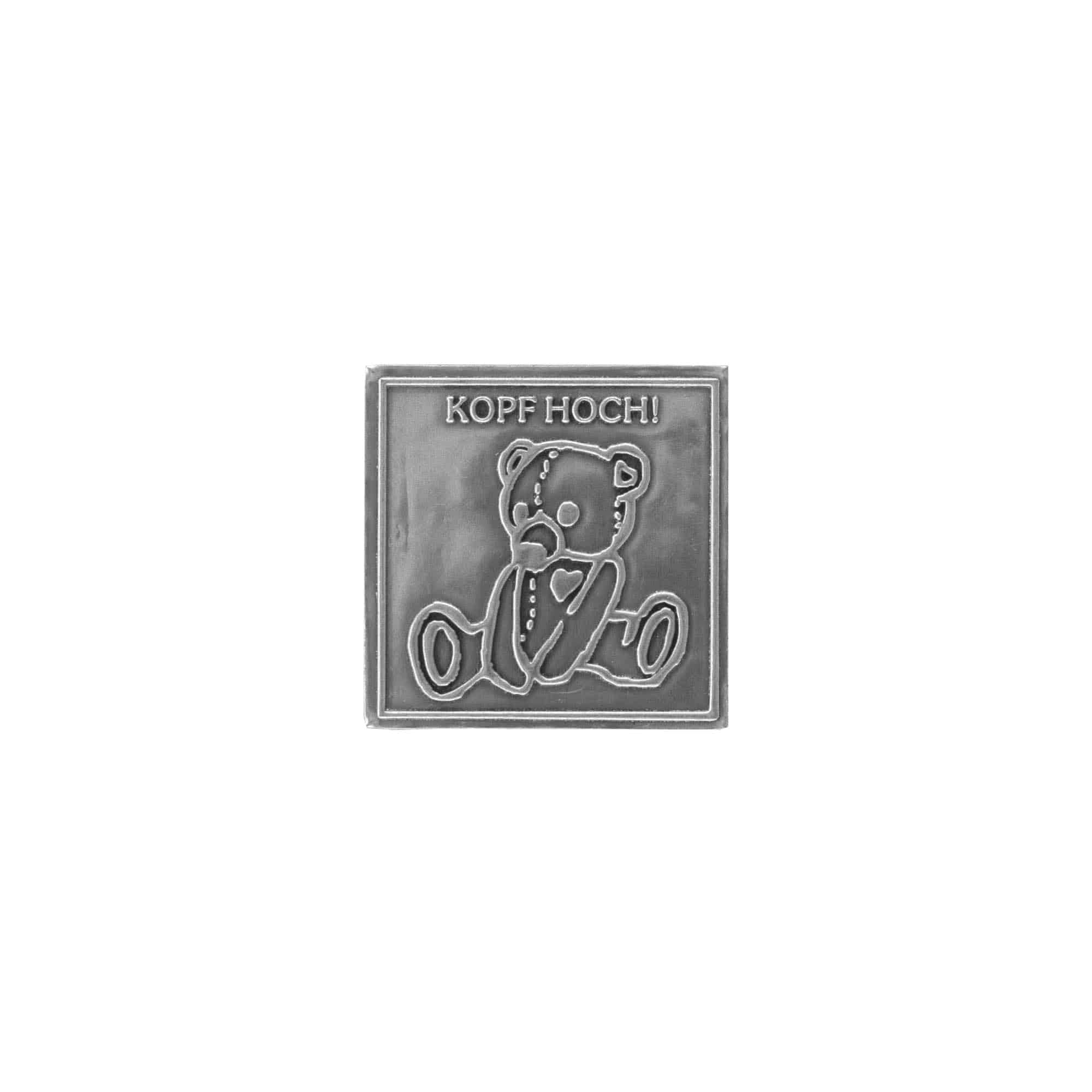 Zinnetikett «Kopf Hoch», quadratisch, Metall, silber