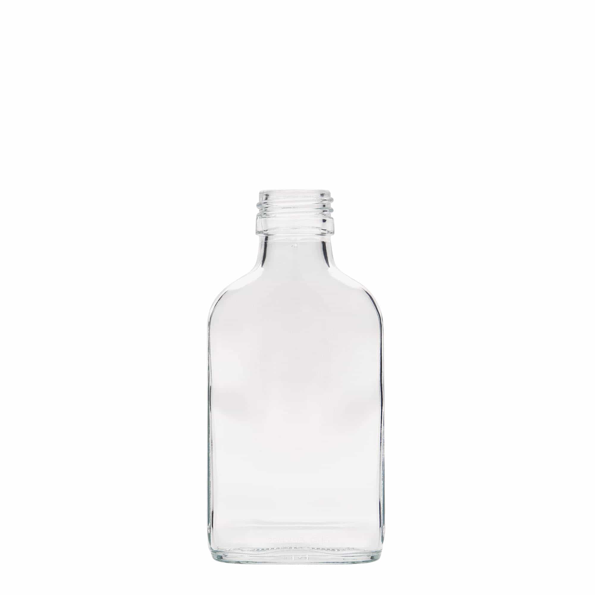 100 ml Taschenflasche, rechteckig, Glas, Mündung: PP 28 100 ml Taschenflasche, rechteckig, Glas, Mündung: PP 28