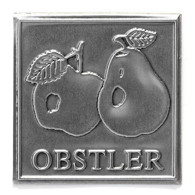 Zinnetikett 'Obstler', quadratisch, Metall, silber Zinnetikett 'Obstler', quadratisch, Metall, silber