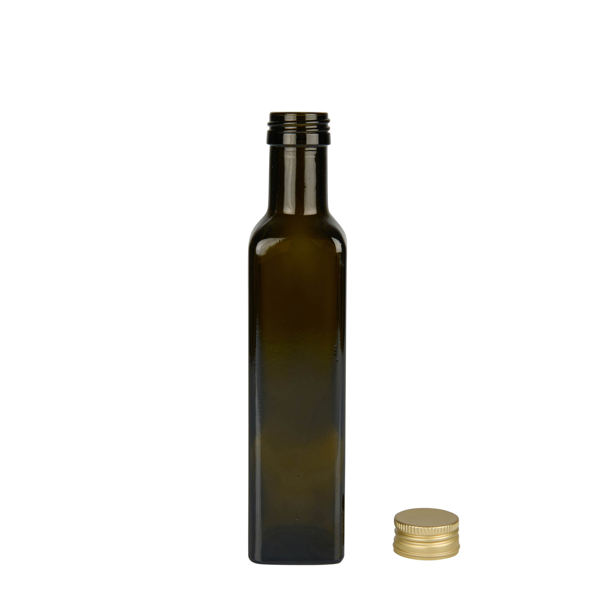 250 ml Glasflasche 'Marasca', quadratisch, antikgrün, Mündung: PP 31,5 250 ml Glasflasche 'Marasca', quadratisch, antikgrün, Mündung: PP 31,5