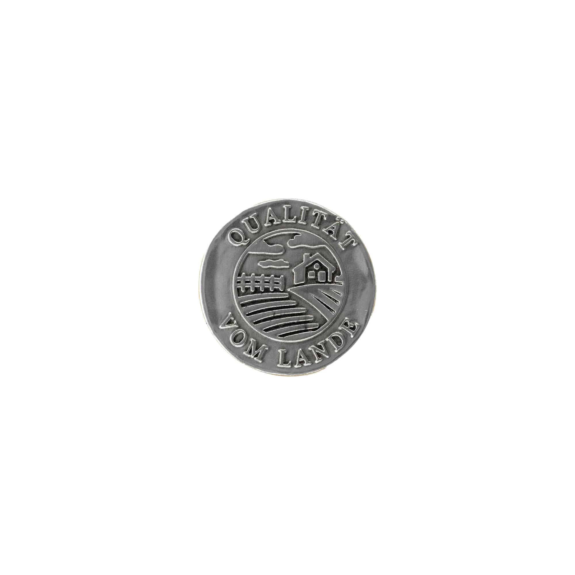 Zinnetikett «Qualität vom Lande», rund, Metall, silber