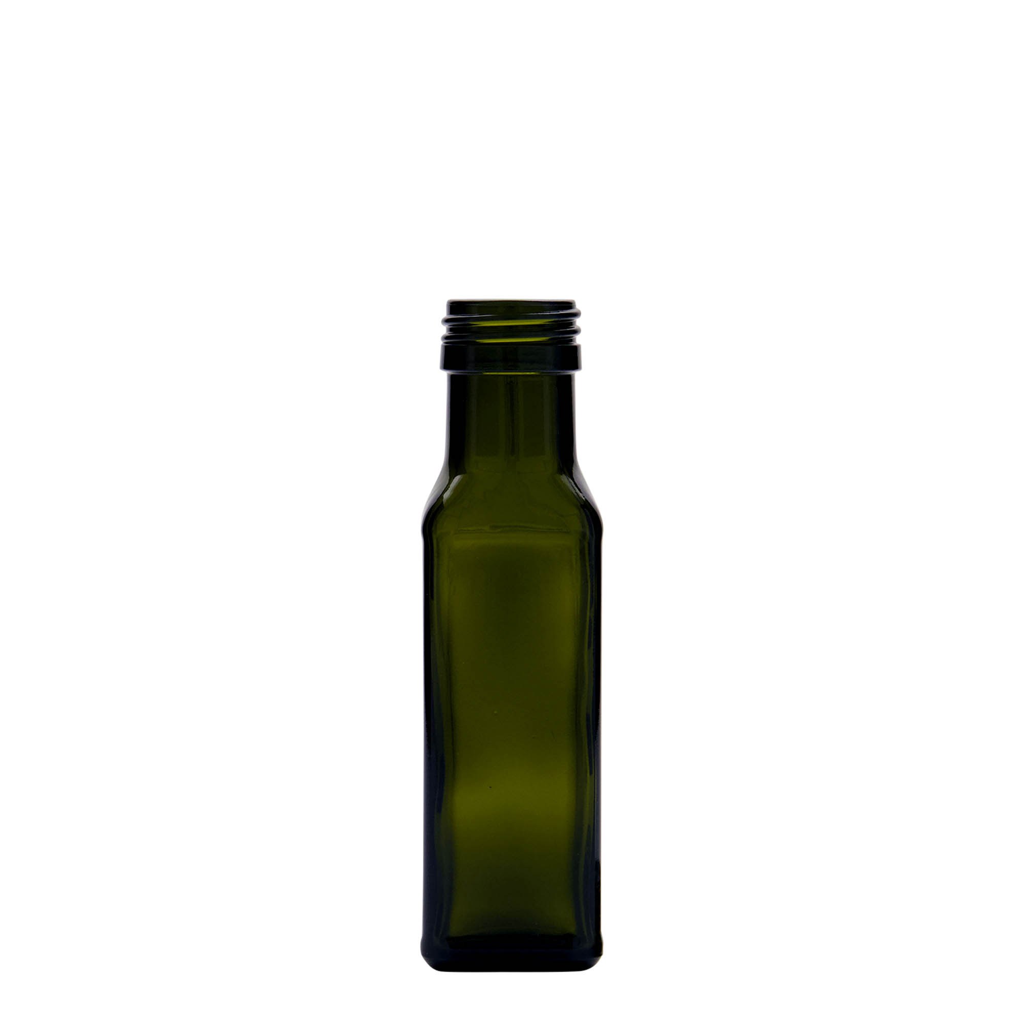 100 ml Glasflasche 'Marasca', quadratisch, antikgrün, Mündung: PP 31,5