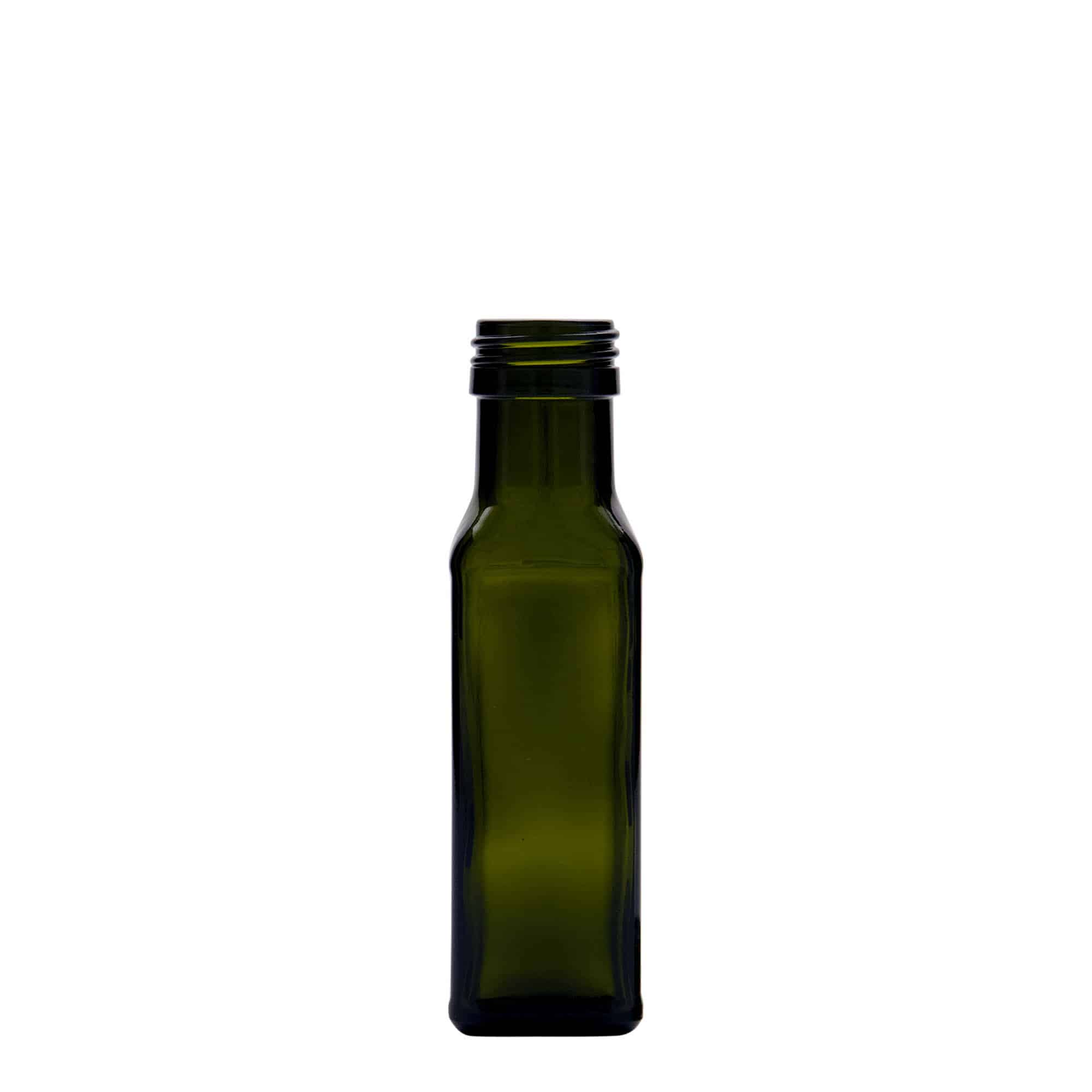 100 ml Glasflasche 'Marasca', quadratisch, antikgrün, Mündung: PP 31,5