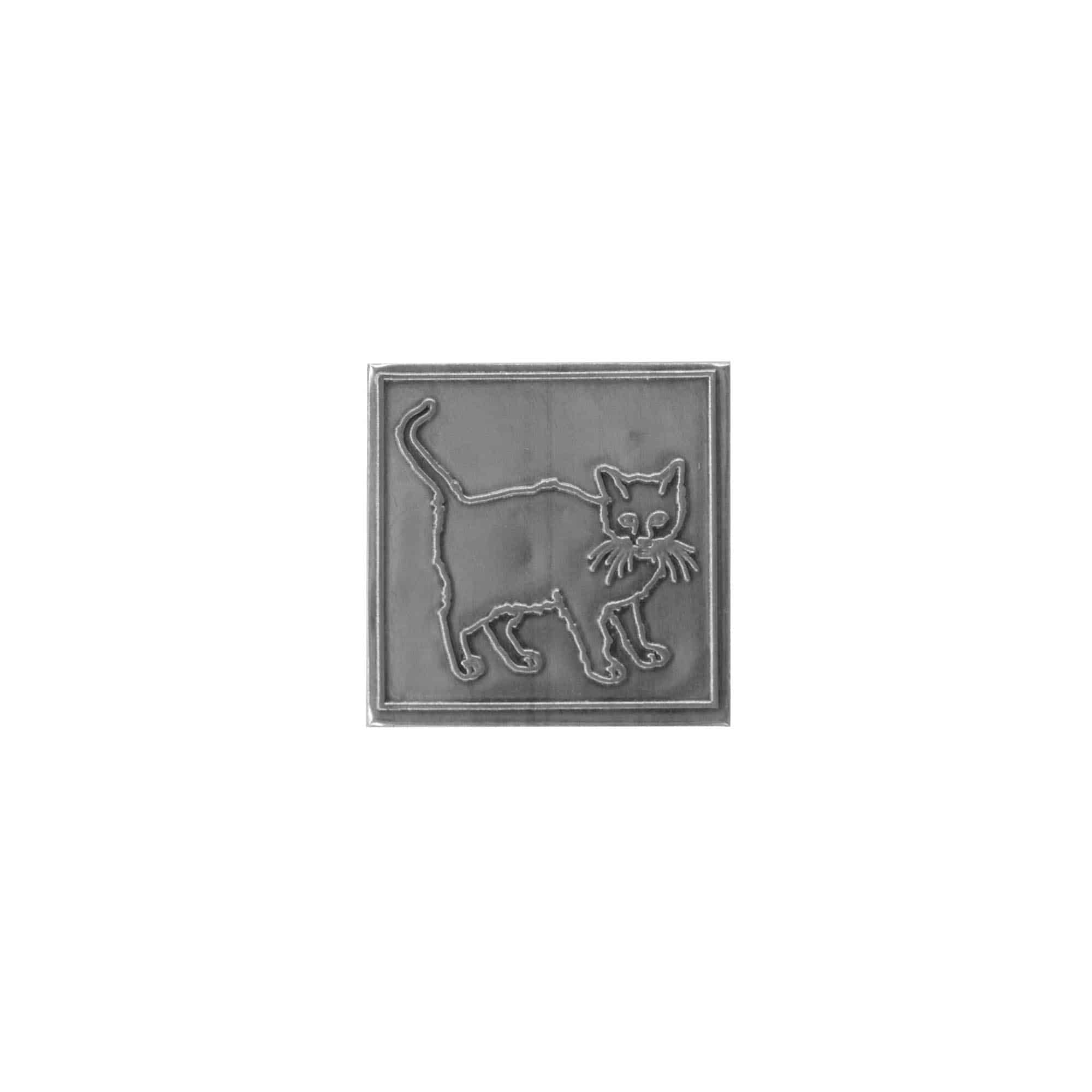 Zinnetikett «Katze», quadratisch, Metall, silber
