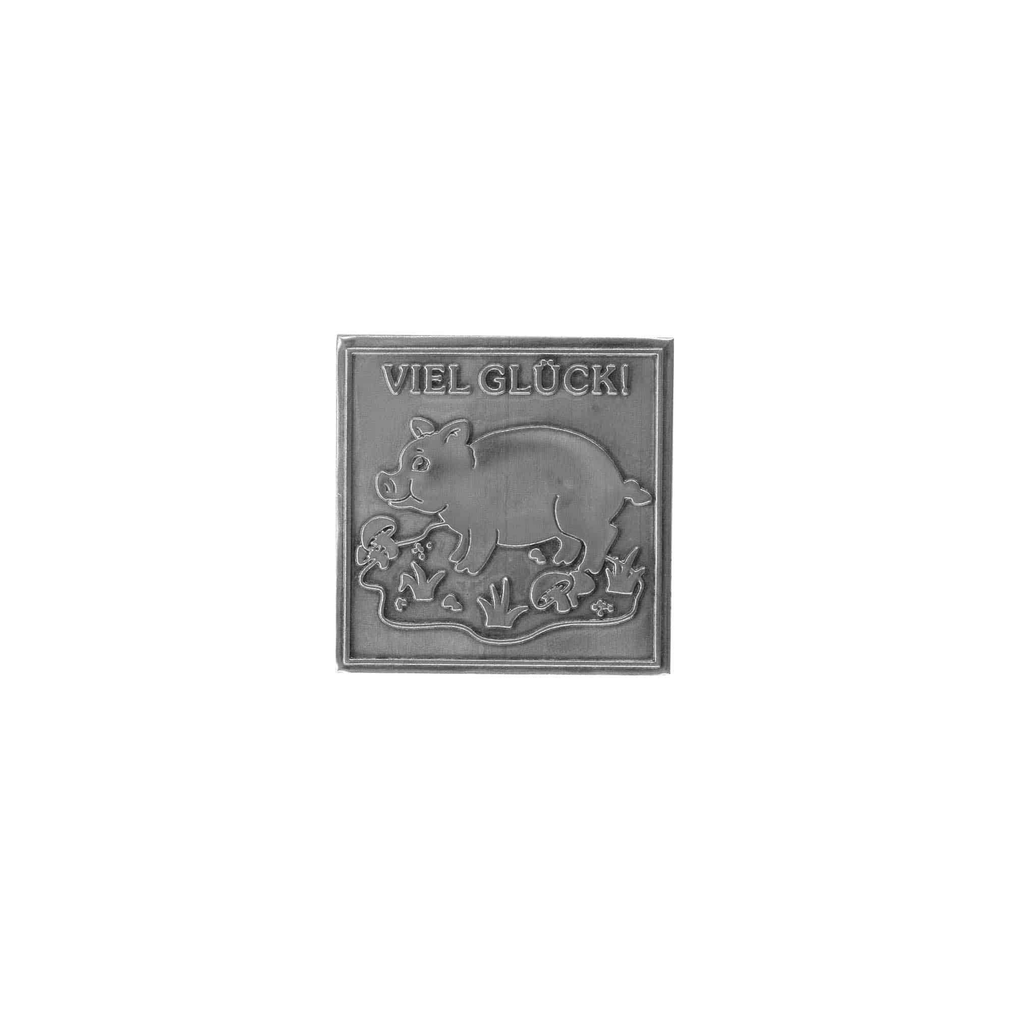 Zinnetikett «Viel Glück», quadratisch, Metall, silber