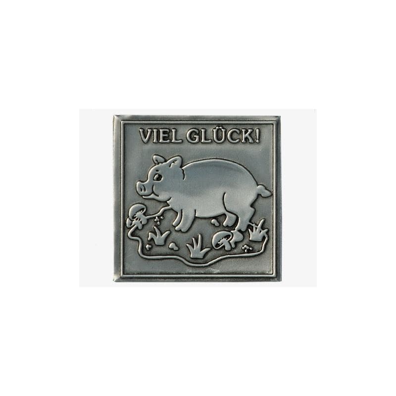 Zinnetikett 'Viel Glück', quadratisch, Metall, silber Zinnetikett 'Viel Glück', quadratisch, Metall, silber