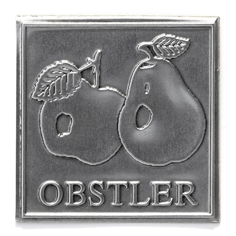 Zinnetikett «Obstler», quadratisch, Metall, silber