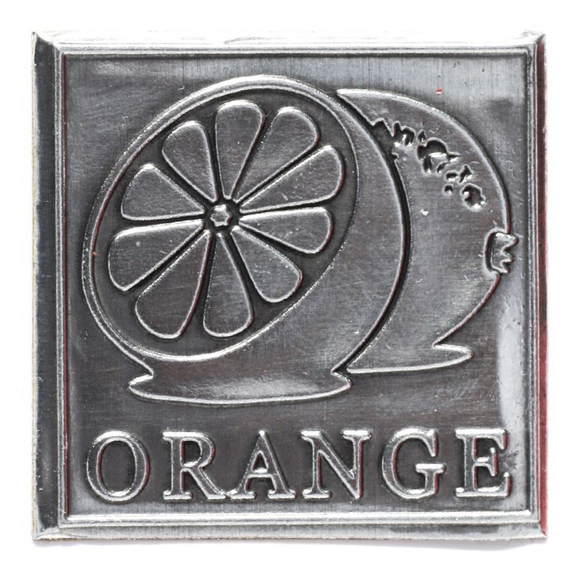 Zinnetikett «Orange», quadratisch, Metall, silber