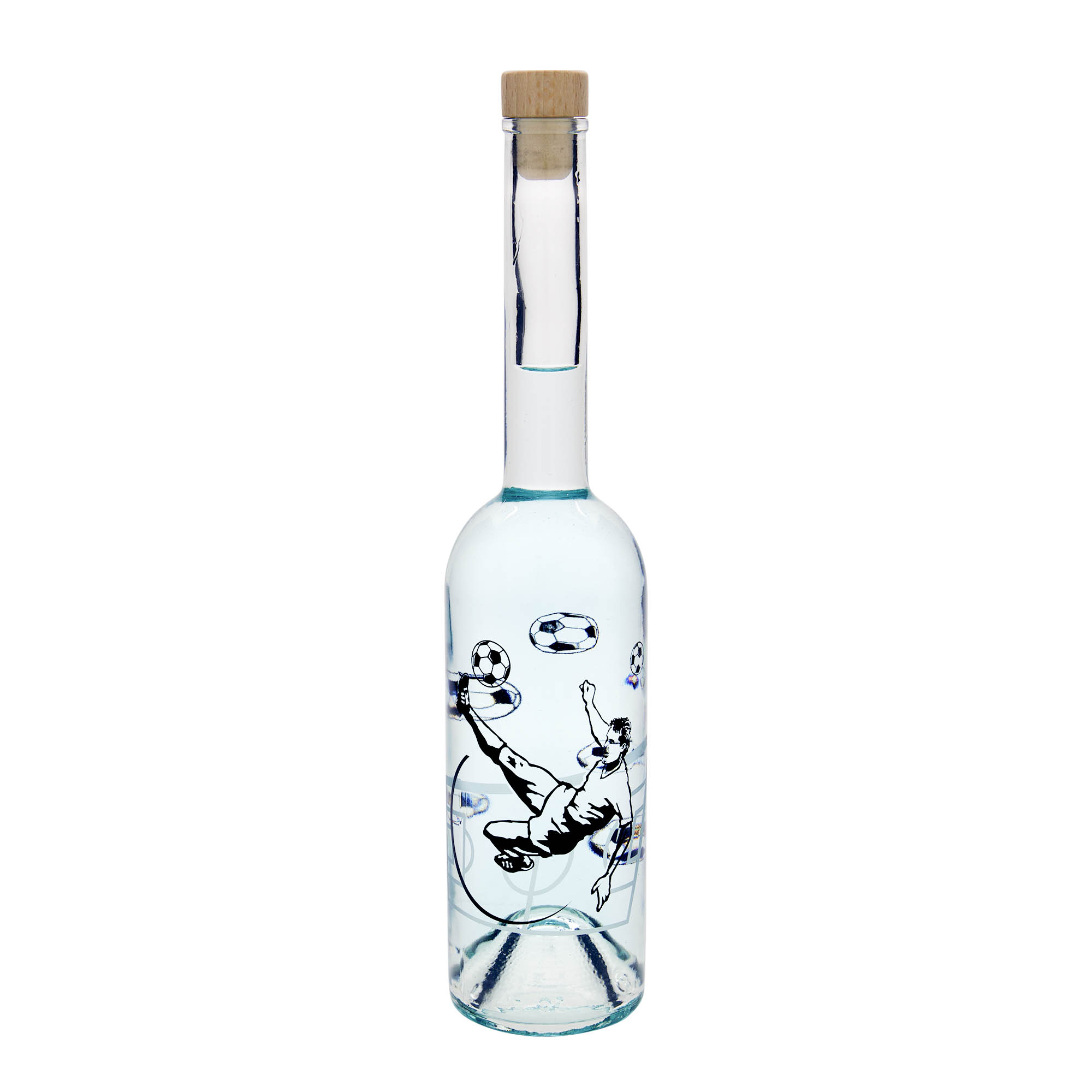 500 ml Glasflasche 'Opera', Motiv: Fußballspieler, Mündung: Kork 500 ml Glasflasche 'Opera', Motiv: Fußballspieler, Mündung: Kork