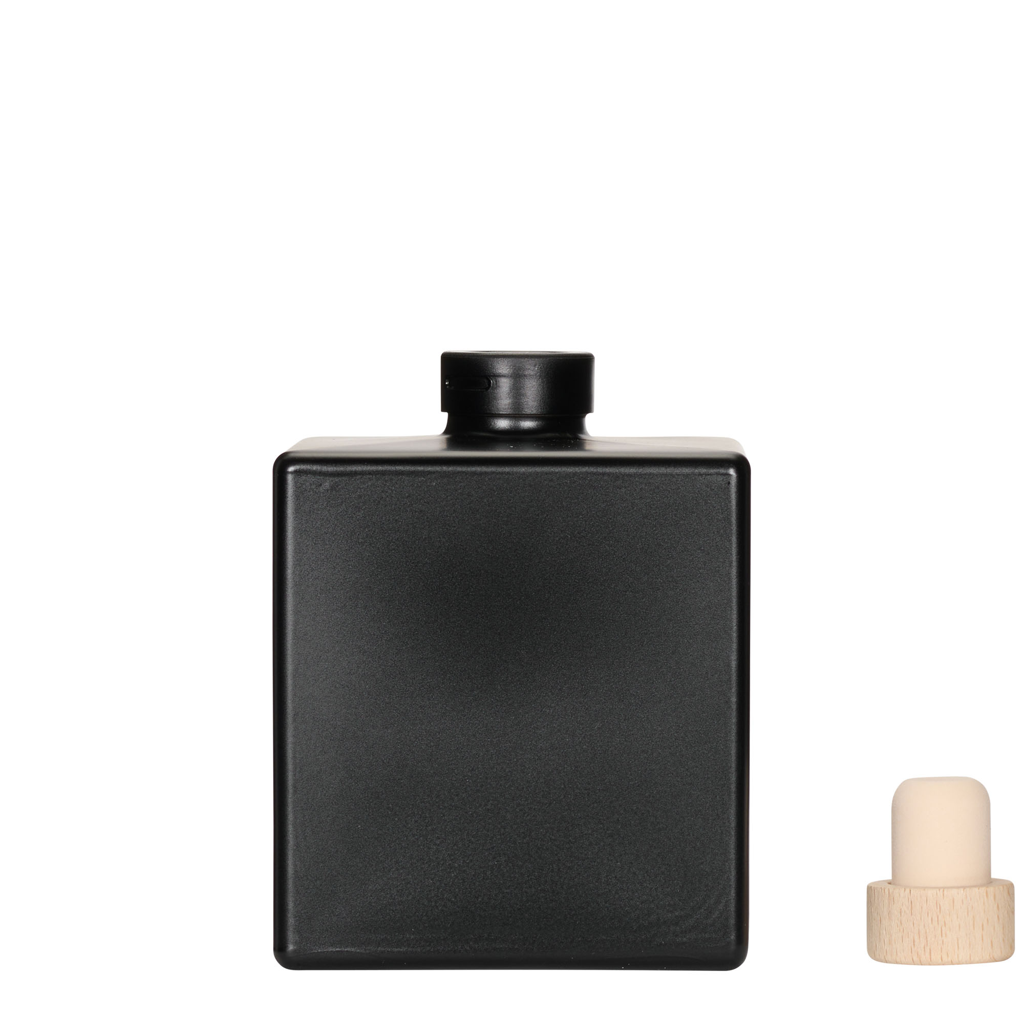 500 ml Glasflasche 'Cube', quadratisch, schwarz, Mündung: Kork 500 ml Glasflasche 'Cube', quadratisch, schwarz, Mündung: Kork