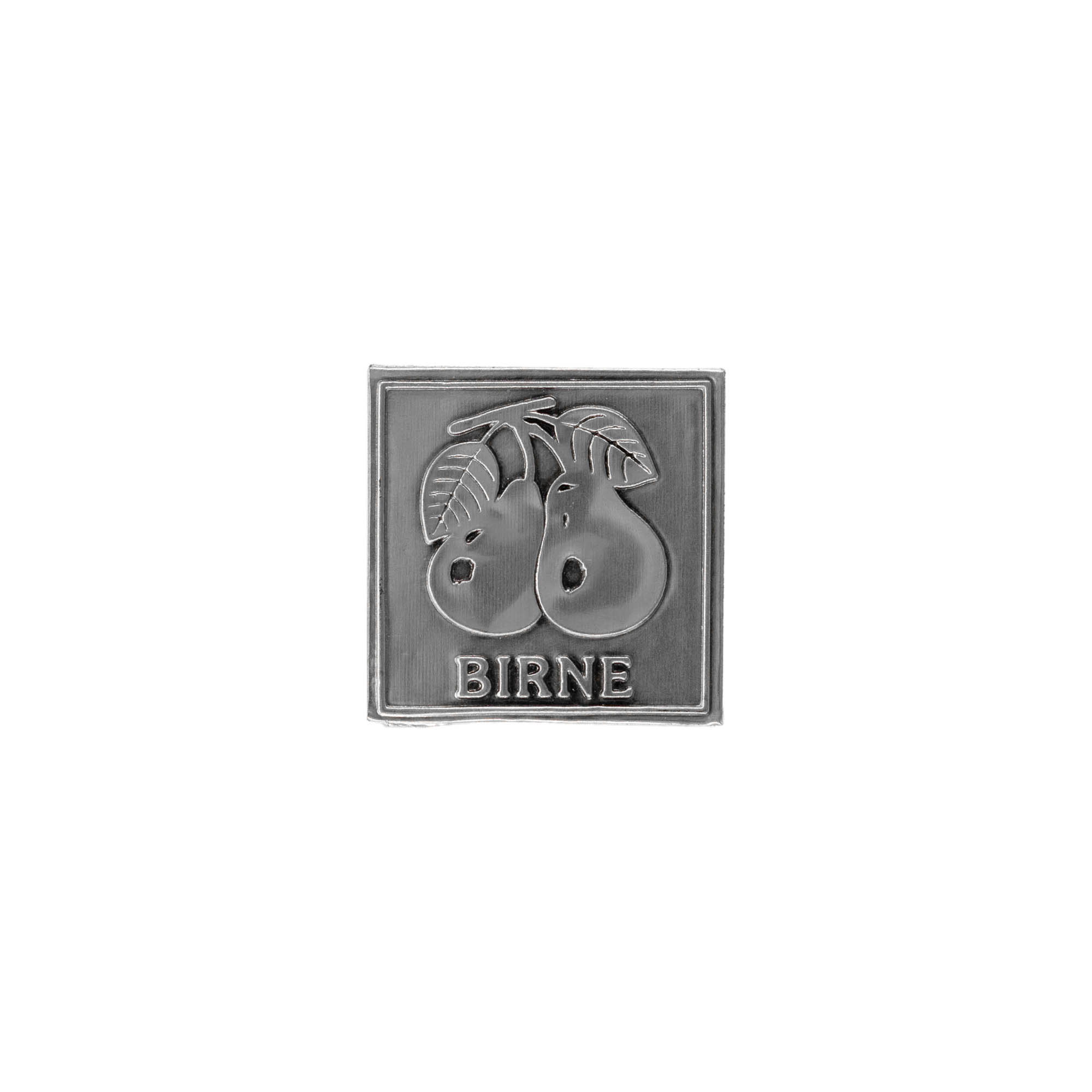 Zinnetikett «Birne», quadratisch, Metall, silber