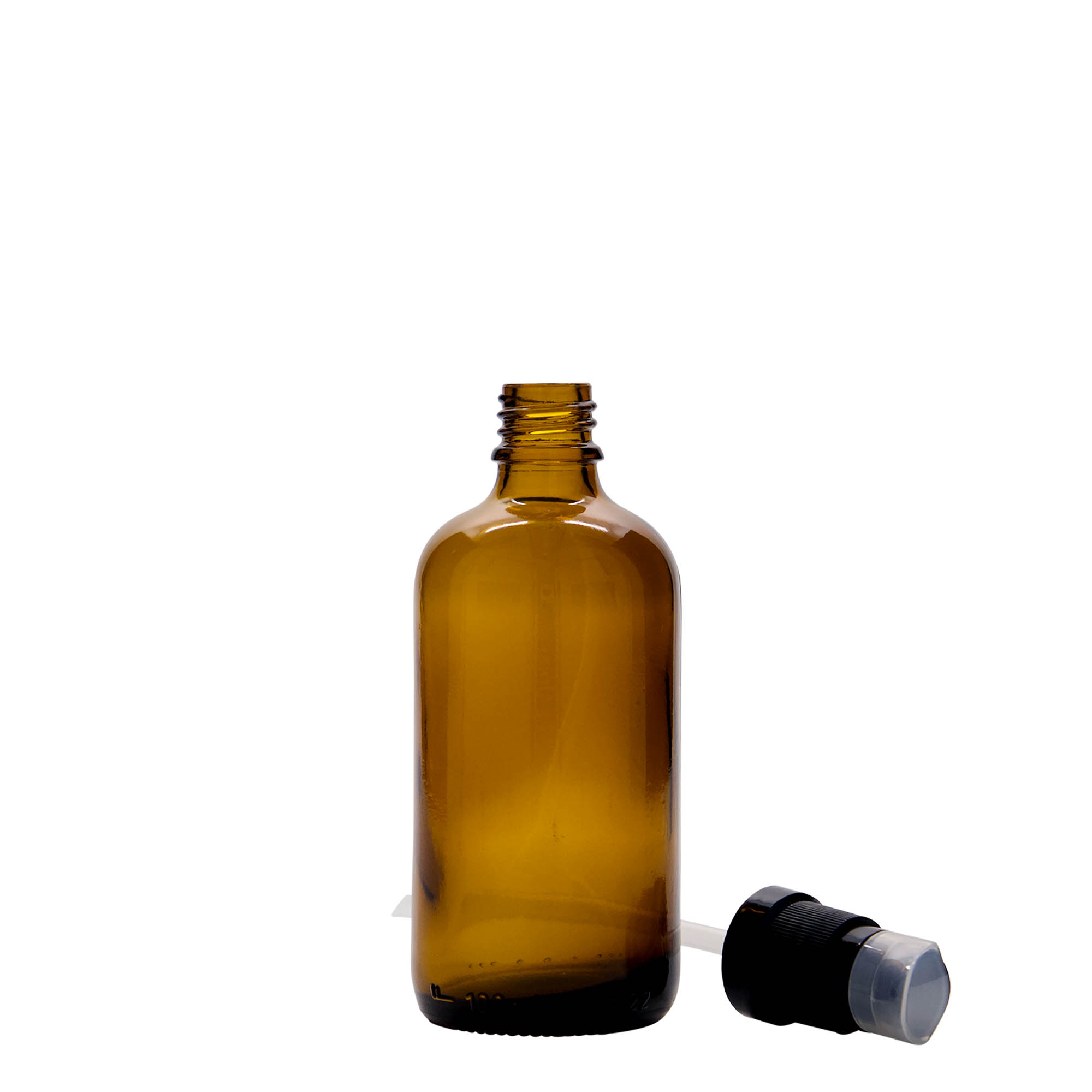 100 ml Medizinflasche mit Lotionspumpe, Glas, braun, Mündung: DIN 18 100 ml Medizinflasche mit Lotionspumpe, Glas, braun, Mündung: DIN 18