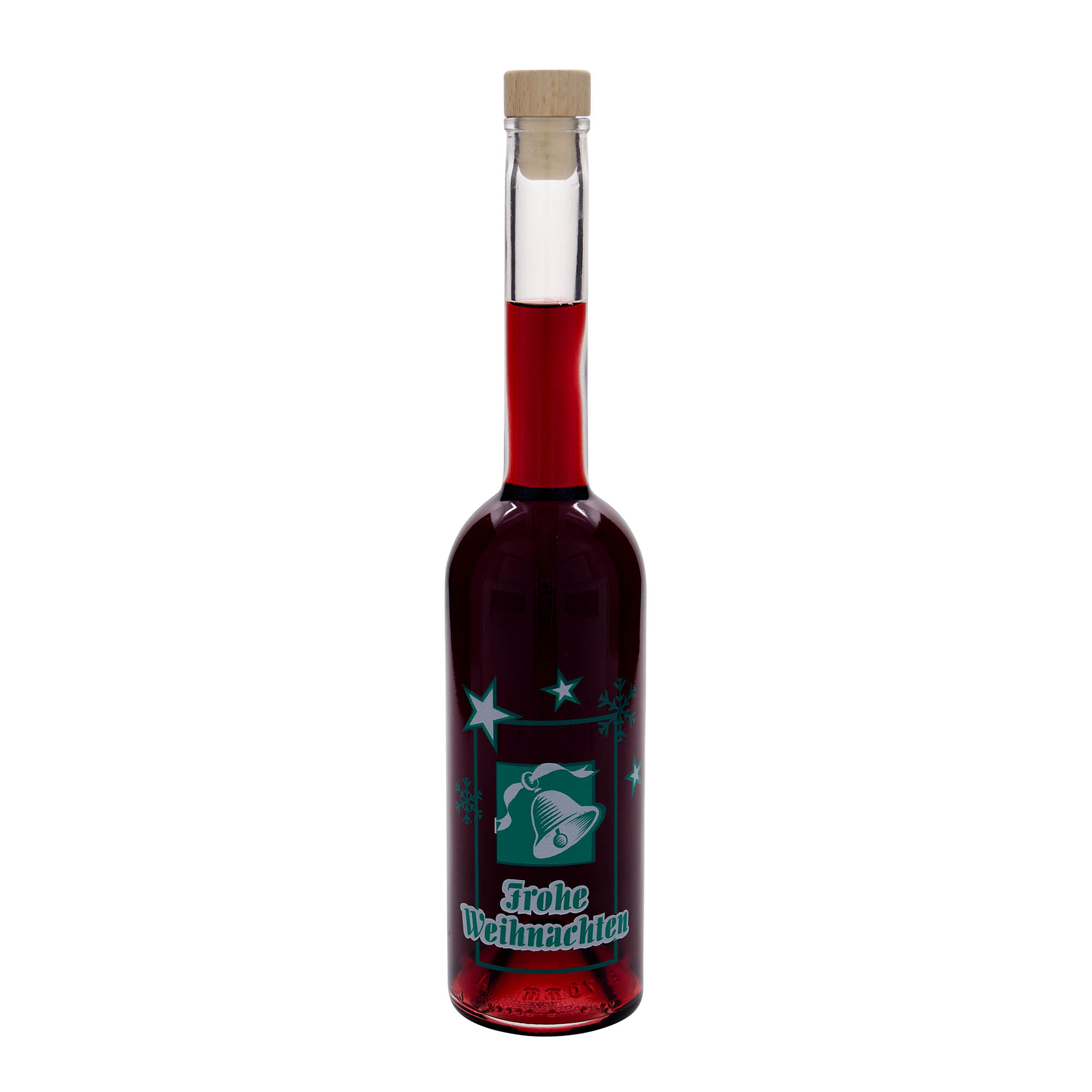 500 ml Glasflasche 'Opera', Motiv: Frohe Weihnachten, Mündung: Kork 500 ml Glasflasche 'Opera', Motiv: Frohe Weihnachten, Mündung: Kork