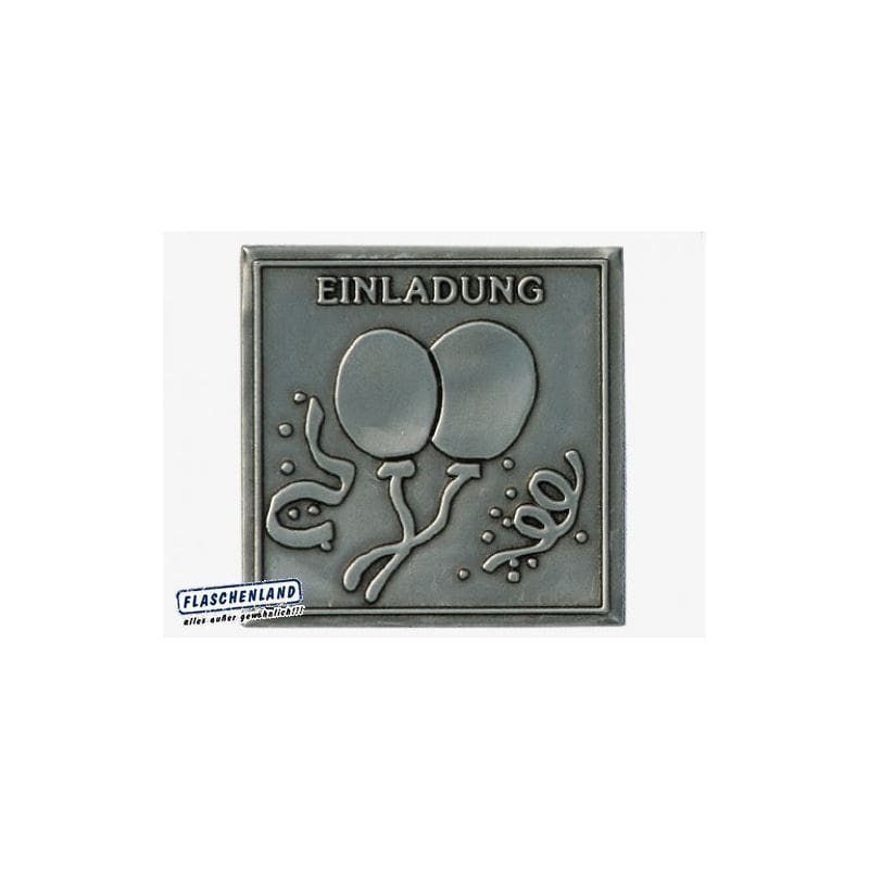 Zinnetikett «Einladung», quadratisch, Metall, silber