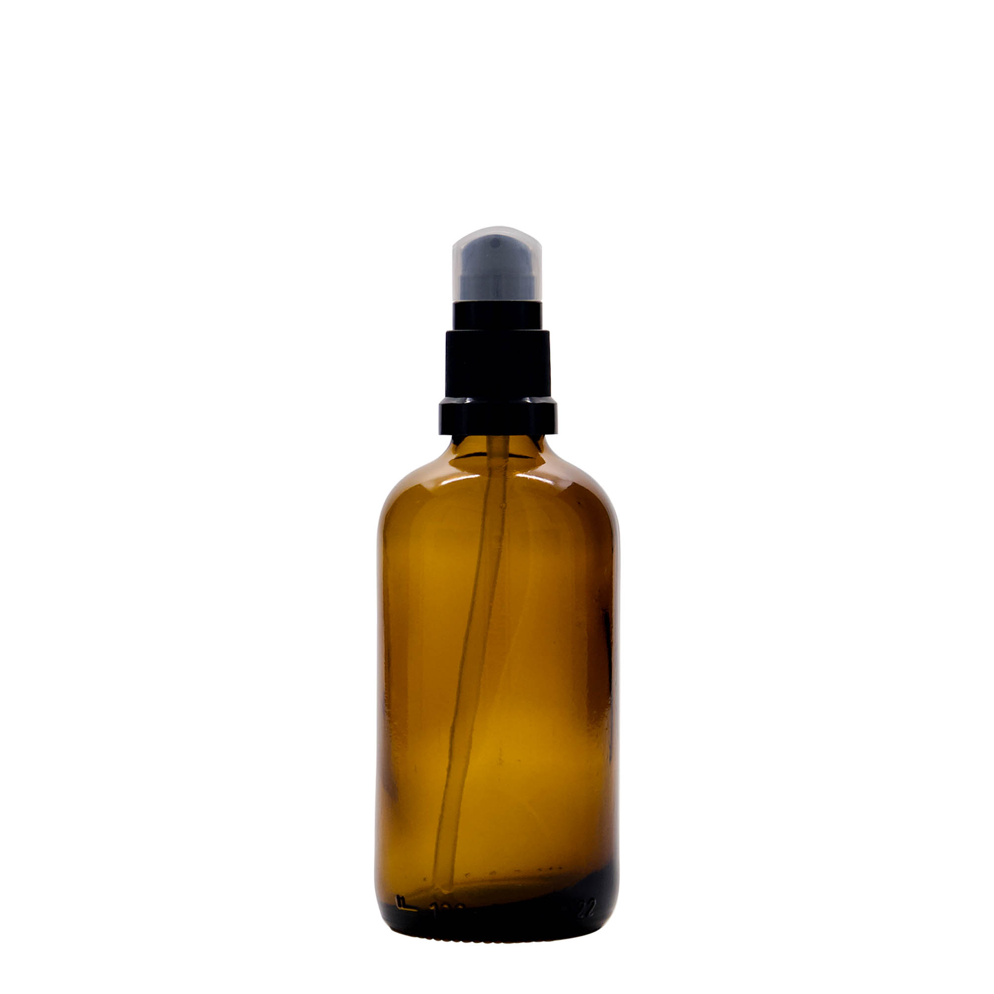 100 ml Medizinflasche mit Lotionspumpe, Glas, braun, Mündung: DIN 18 100 ml Medizinflasche mit Lotionspumpe, Glas, braun, Mündung: DIN 18