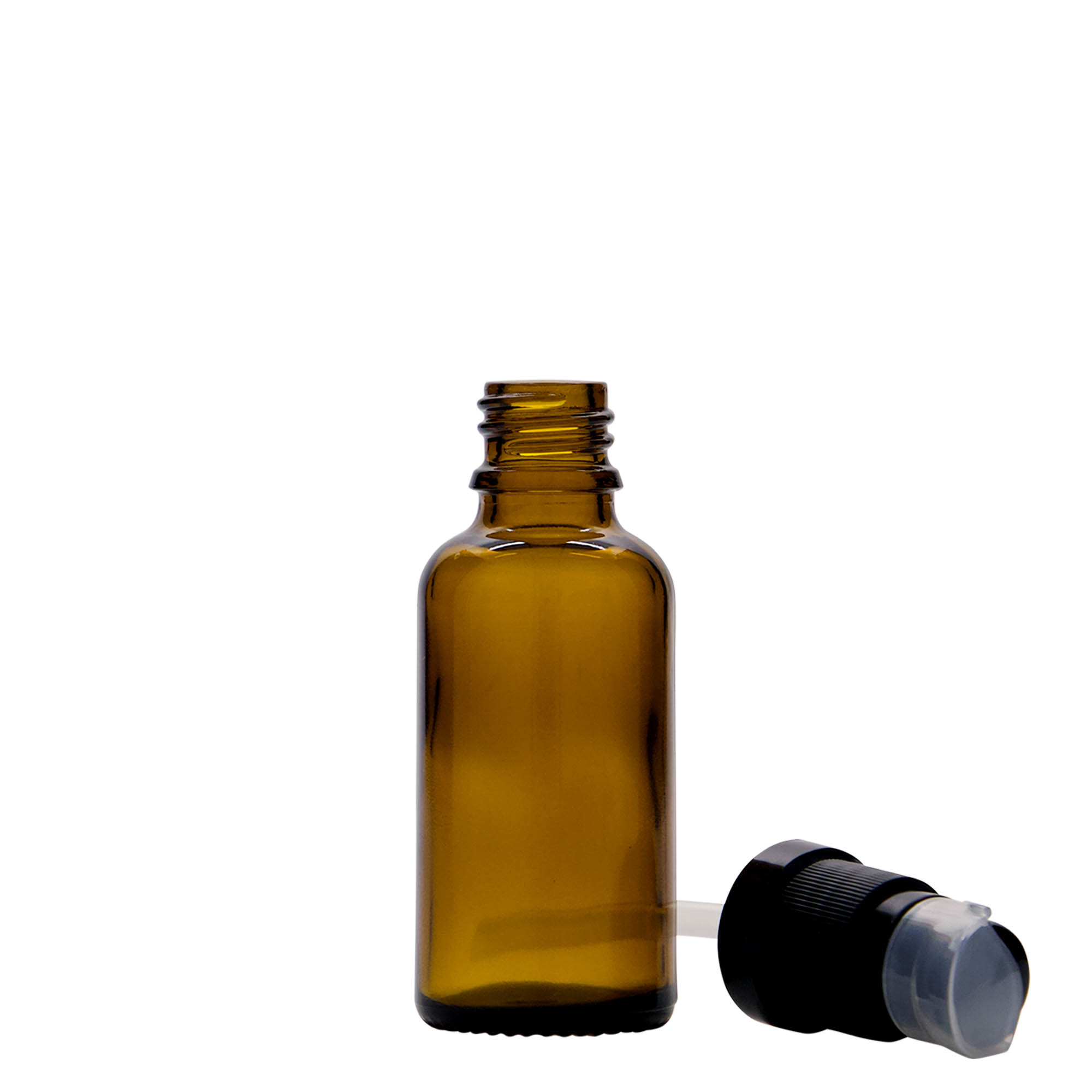 30 ml Medizinflasche mit Lotionspumpe, Glas, braun, Mündung: DIN 18 30 ml Medizinflasche mit Lotionspumpe, Glas, braun, Mündung: DIN 18