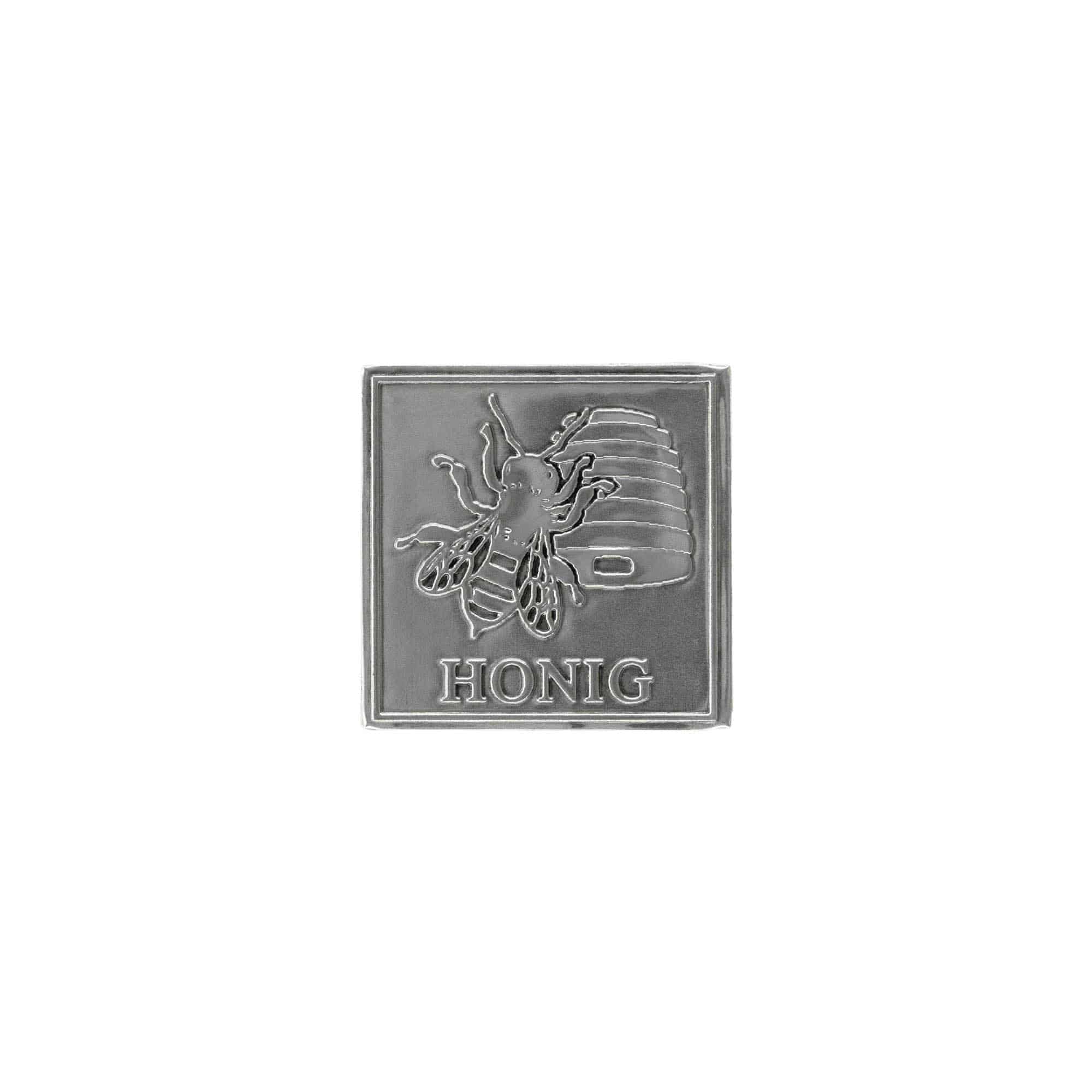 Zinnetikett «Honig», quadratisch, Metall, silber