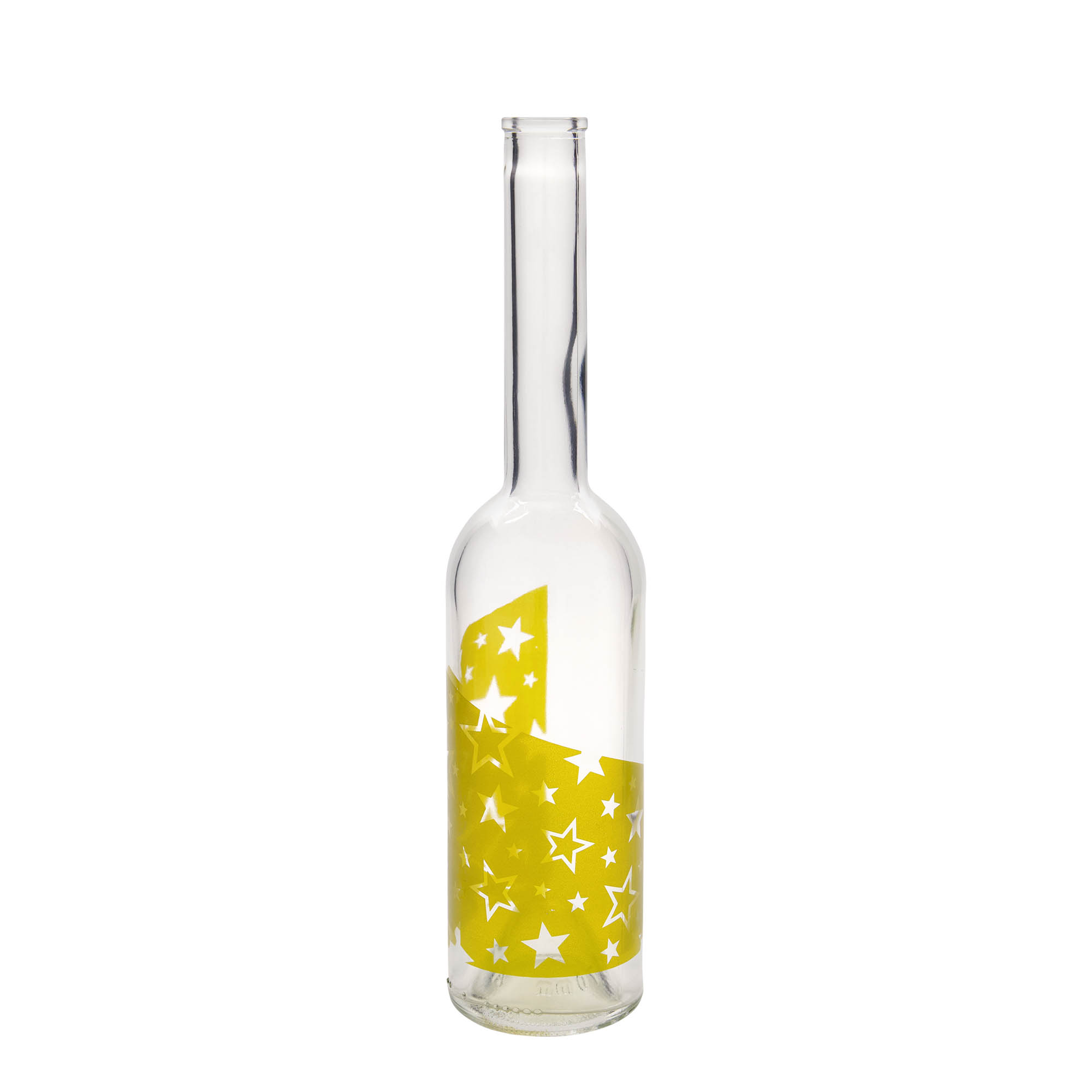 500 ml Glasflasche 'Opera', Motiv: Goldsterne, Mündung: Kork