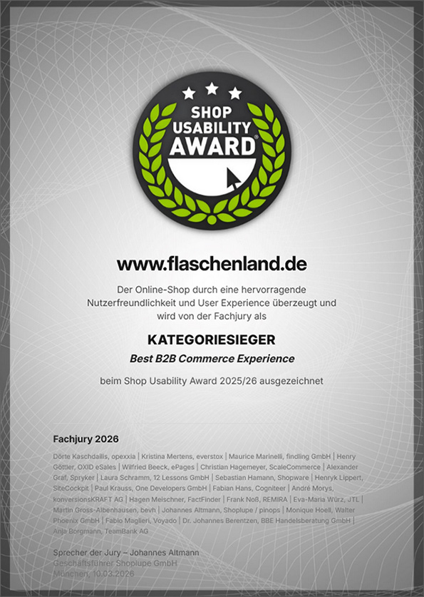 Shop Usability Award 2026 Urkunde Kategoriesieger Flaschenland Best B2B Comerce Experience