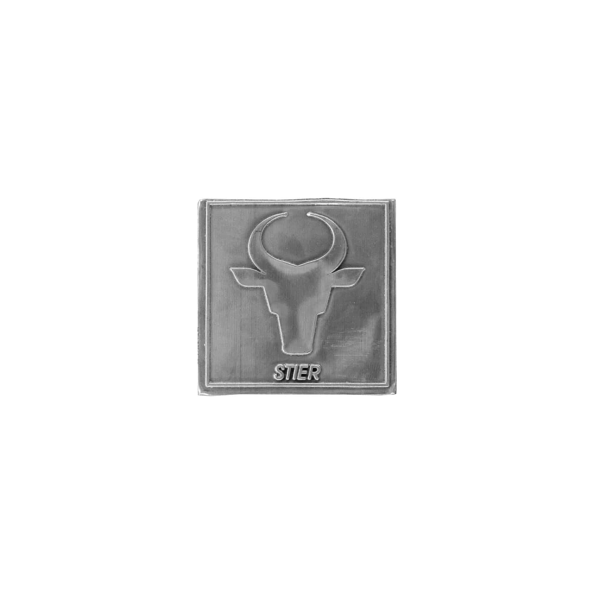 Zinnetikett «Stier», quadratisch, Metall, silber