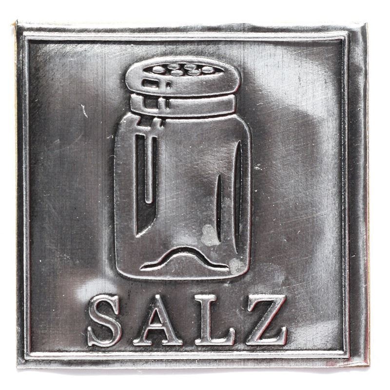 Zinnetikett «Salz», quadratisch, Metall, silber