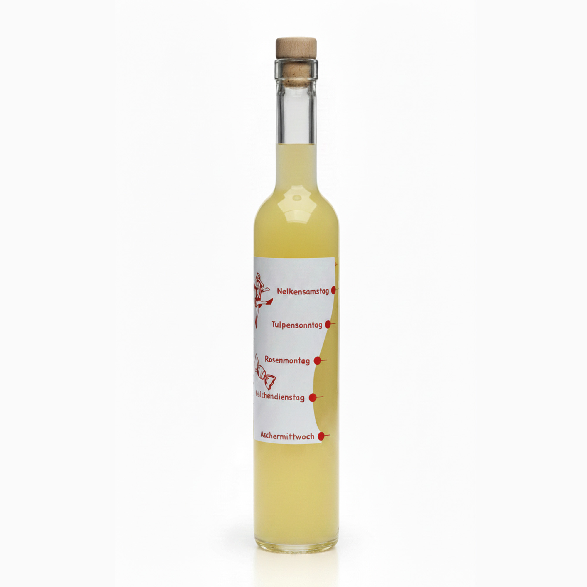 500 ml Glasflasche Maximo bedruckt 'Karneval', Mündung: Kork 500 ml Glasflasche Maximo bedruckt 'Karneval', Mündung: Kork