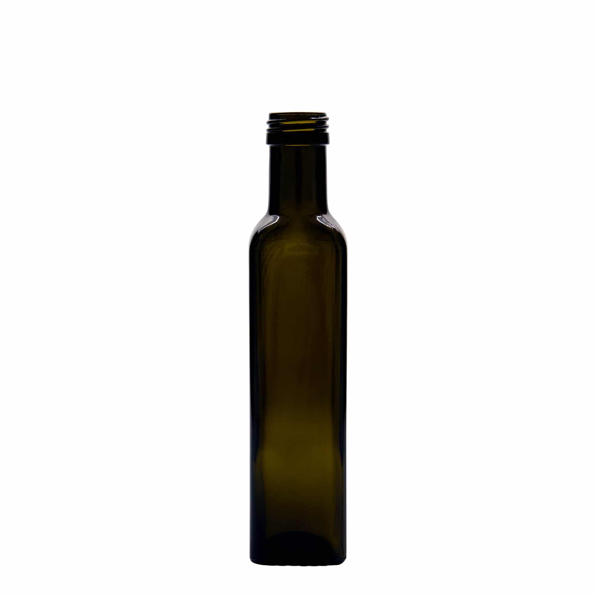 250 ml Glasflasche 'Marasca', quadratisch, antikgrün, Mündung: PP 31,5 250 ml Glasflasche 'Marasca', quadratisch, antikgrün, Mündung: PP 31,5