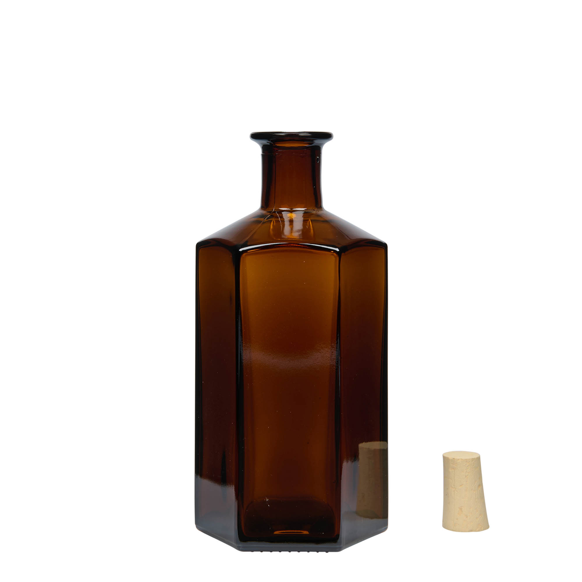 500 ml Glasflasche Apotheker 'Jimmy', sechseckig, braun, Mündung: Kork