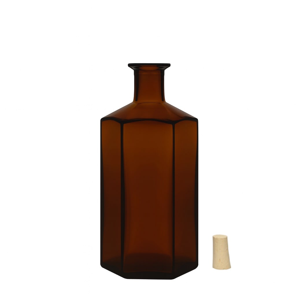 500 ml Glasflasche Apotheker «Jimmy», sechseckig, braun, Mündung: Kork