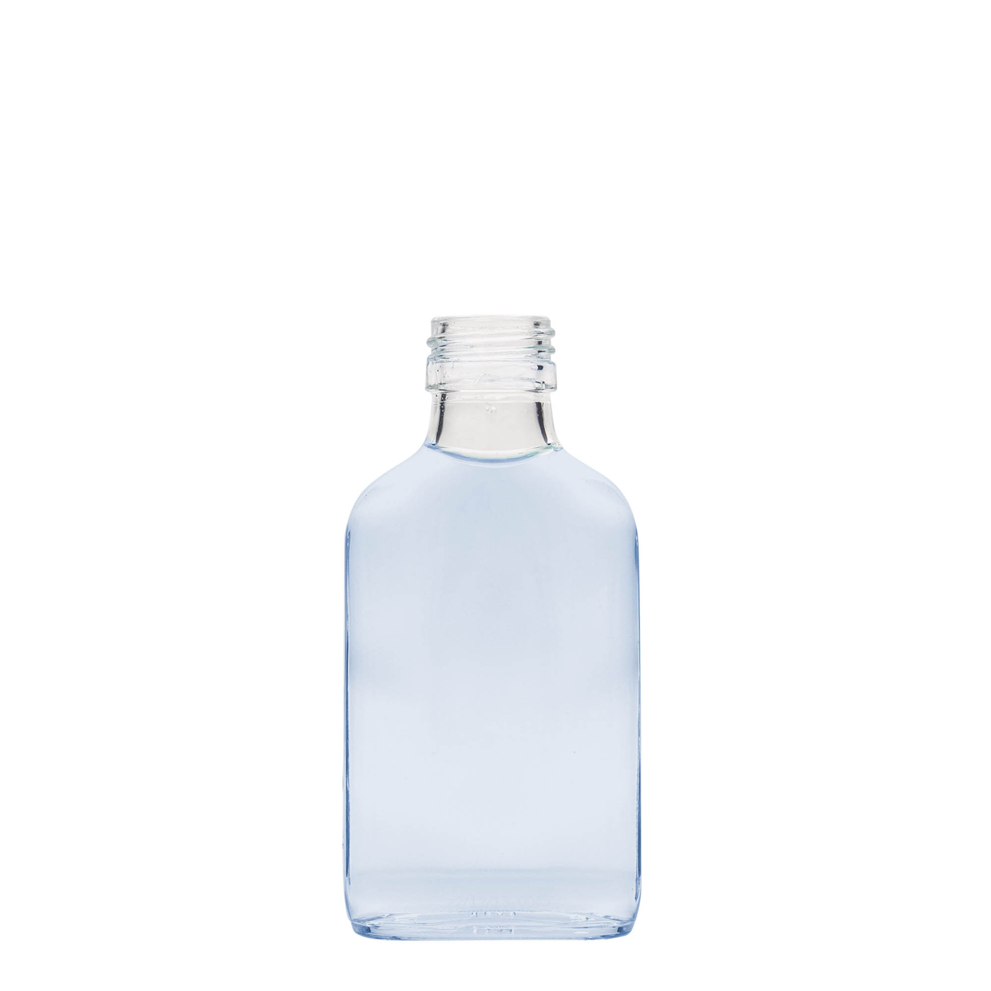 100 ml Taschenflasche, rechteckig, Glas, Mündung: PP 28 100 ml Taschenflasche, rechteckig, Glas, Mündung: PP 28